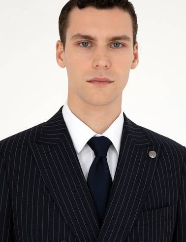 Lacivert Ex. Slim Fit Çizgili Kruvaze Yün Karışımlı Takım Elbise