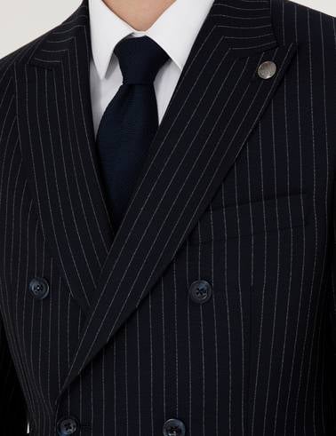 Lacivert Ex. Slim Fit Çizgili Kruvaze Yün Karışımlı Takım Elbise
