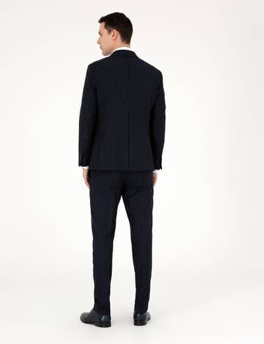 Lacivert Ex. Slim Fit Çizgili Kruvaze Yün Karışımlı Takım Elbise