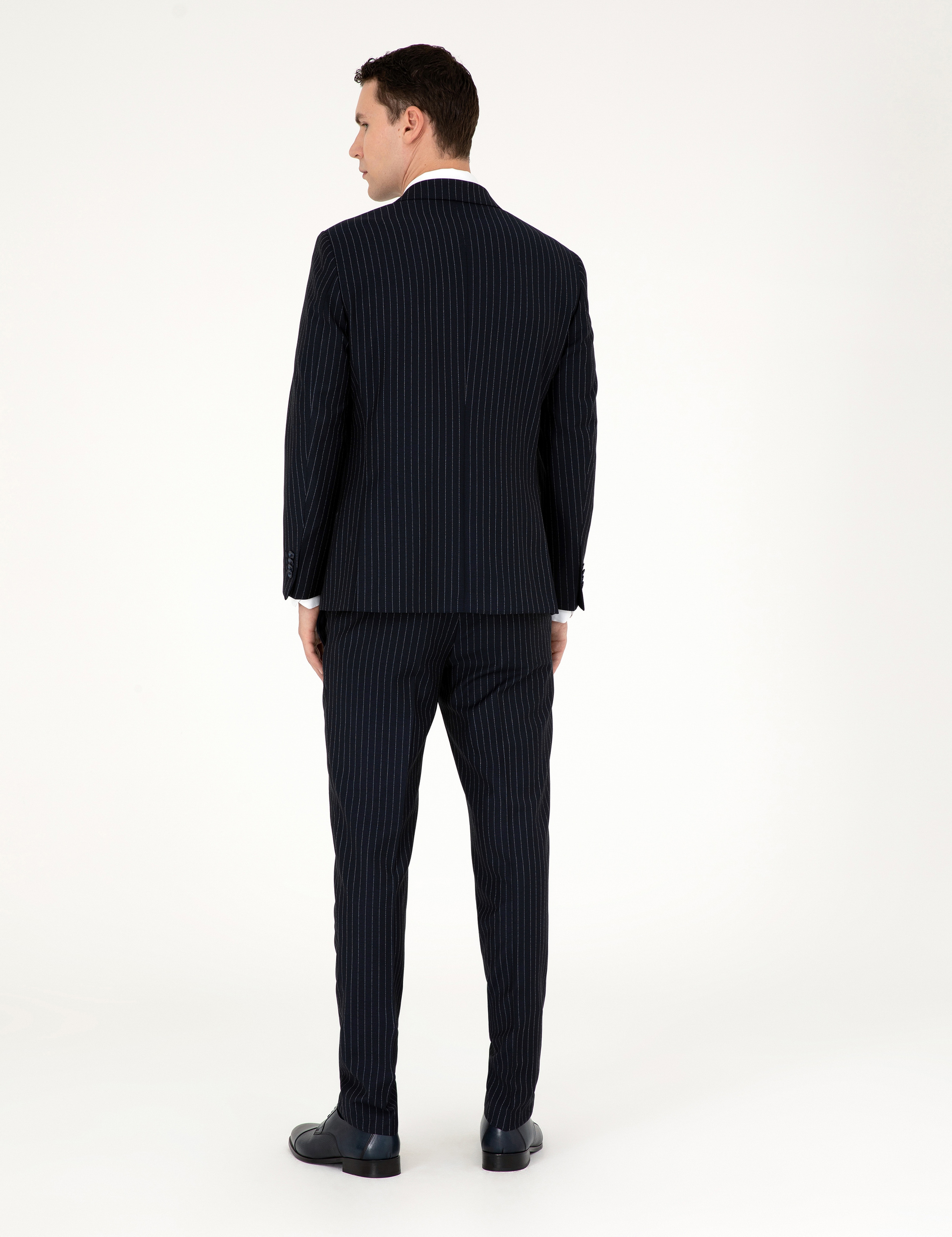 Lacivert Extra Slim Fit Çizgili Kruvaze Yün Karışımlı Takım Elbise - Image 5