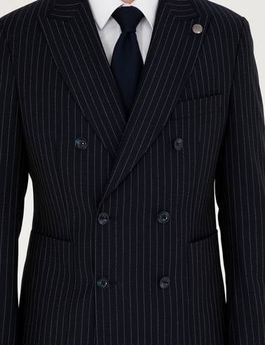 Lacivert Ex. Slim Fit Çizgili Kruvaze Yün Karışımlı Takım Elbise