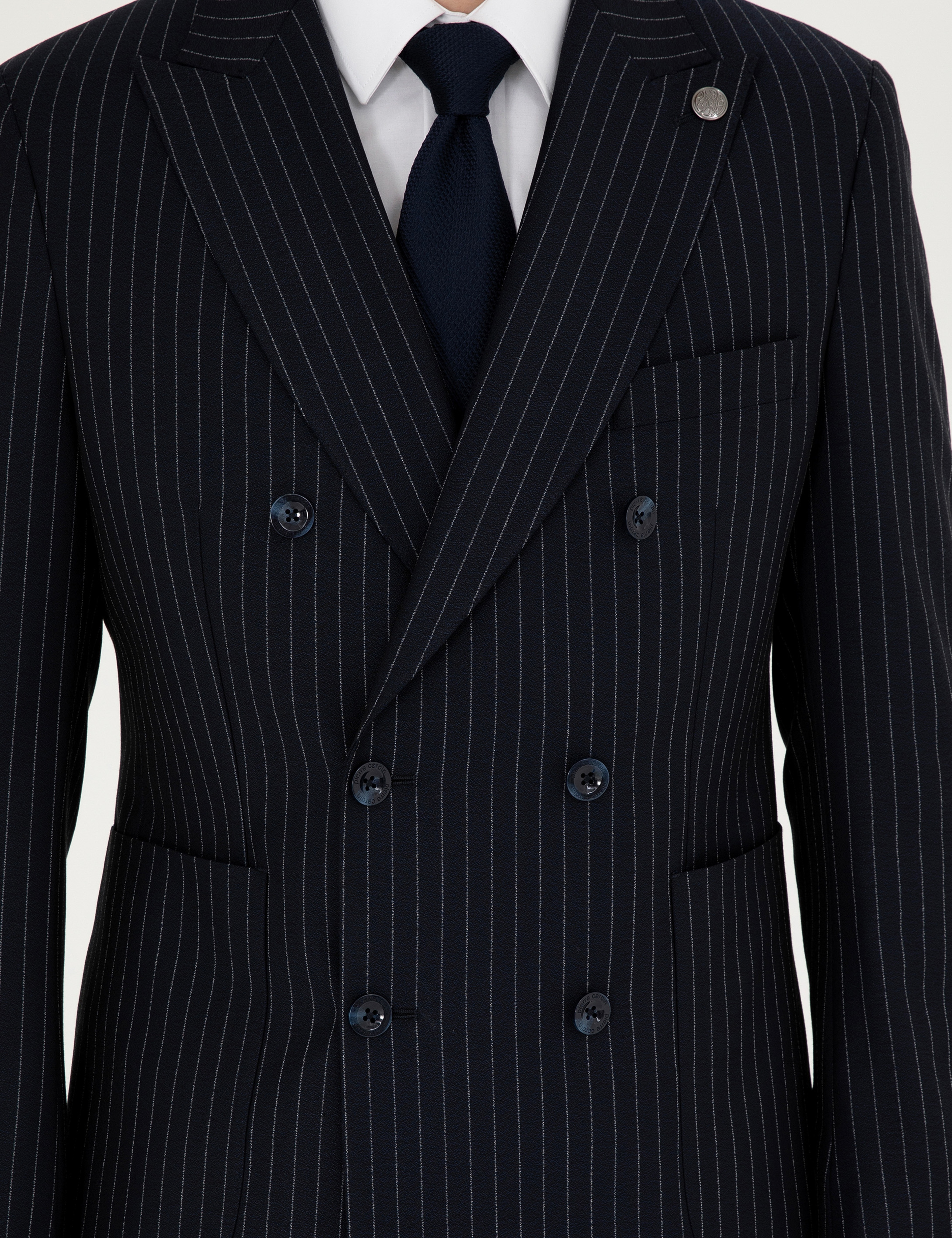 Lacivert Extra Slim Fit Çizgili Kruvaze Yün Karışımlı Takım Elbise