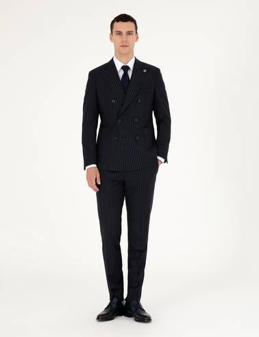 Lacivert Ex. Slim Fit Çizgili Kruvaze Yün Karışımlı Takım Elbise