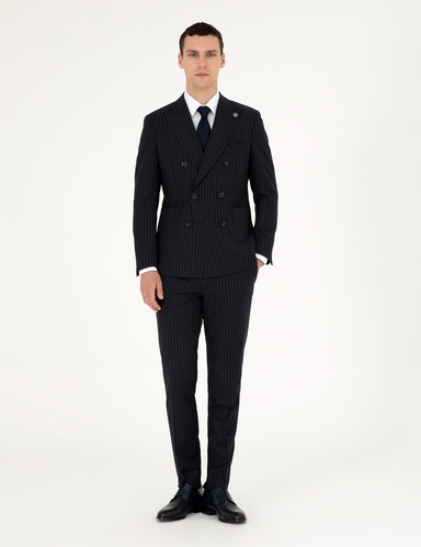 Lacivert Extra Slim Fit Çizgili Kruvaze Yün Karışımlı Takım Elbise