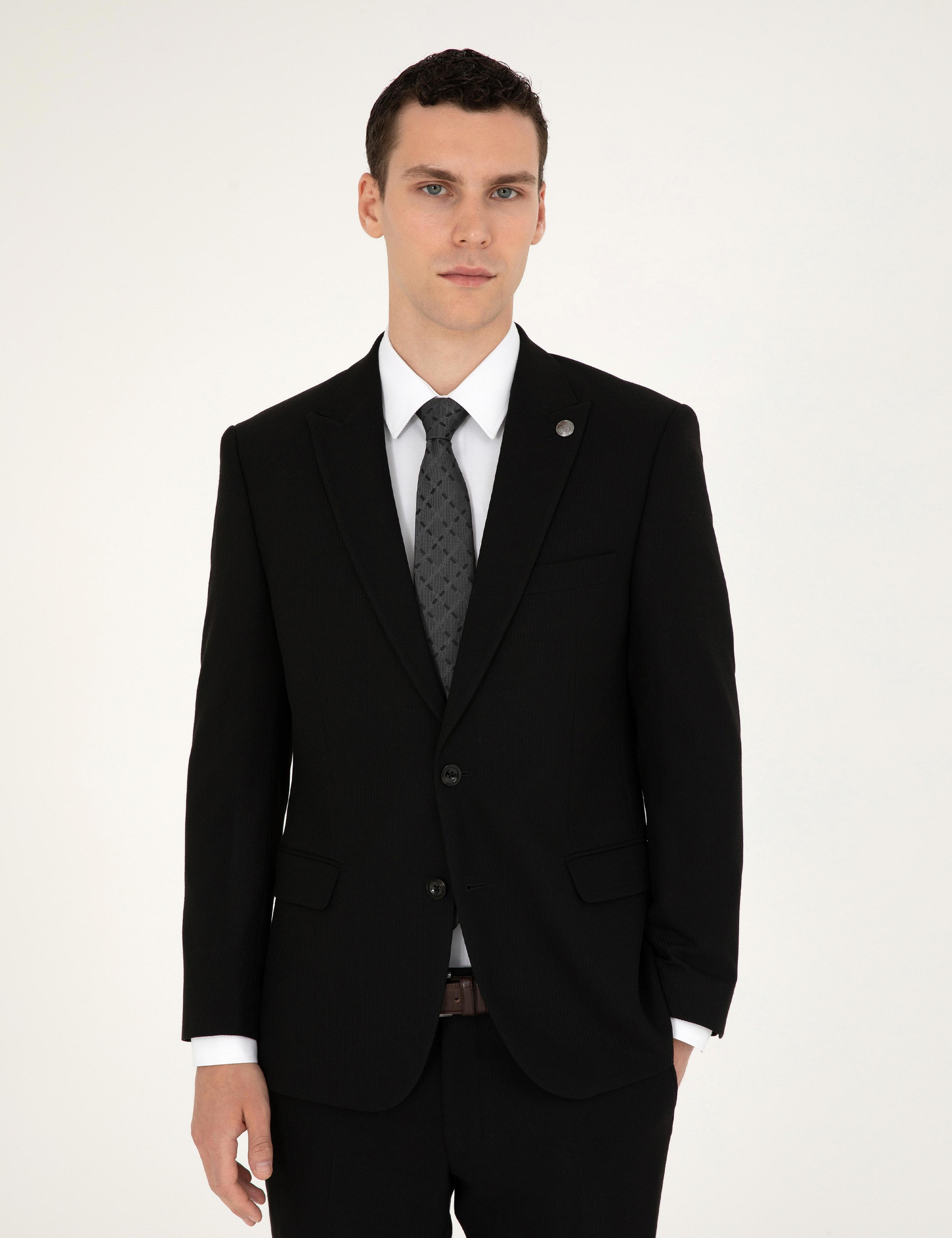 Siyah Slim Fit Çizgili Takım Elbise