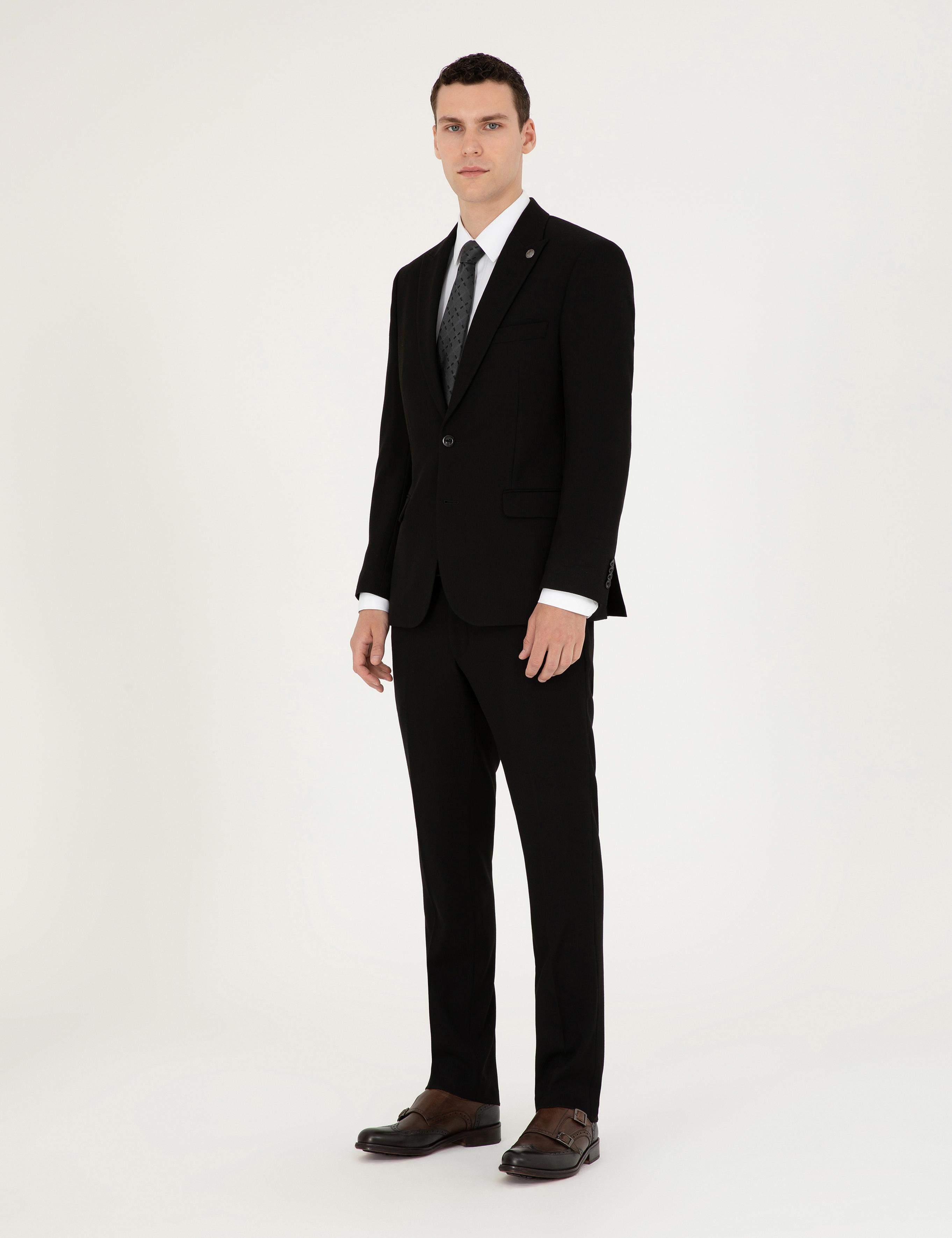 Siyah Slim Fit Çizgili Takım Elbise