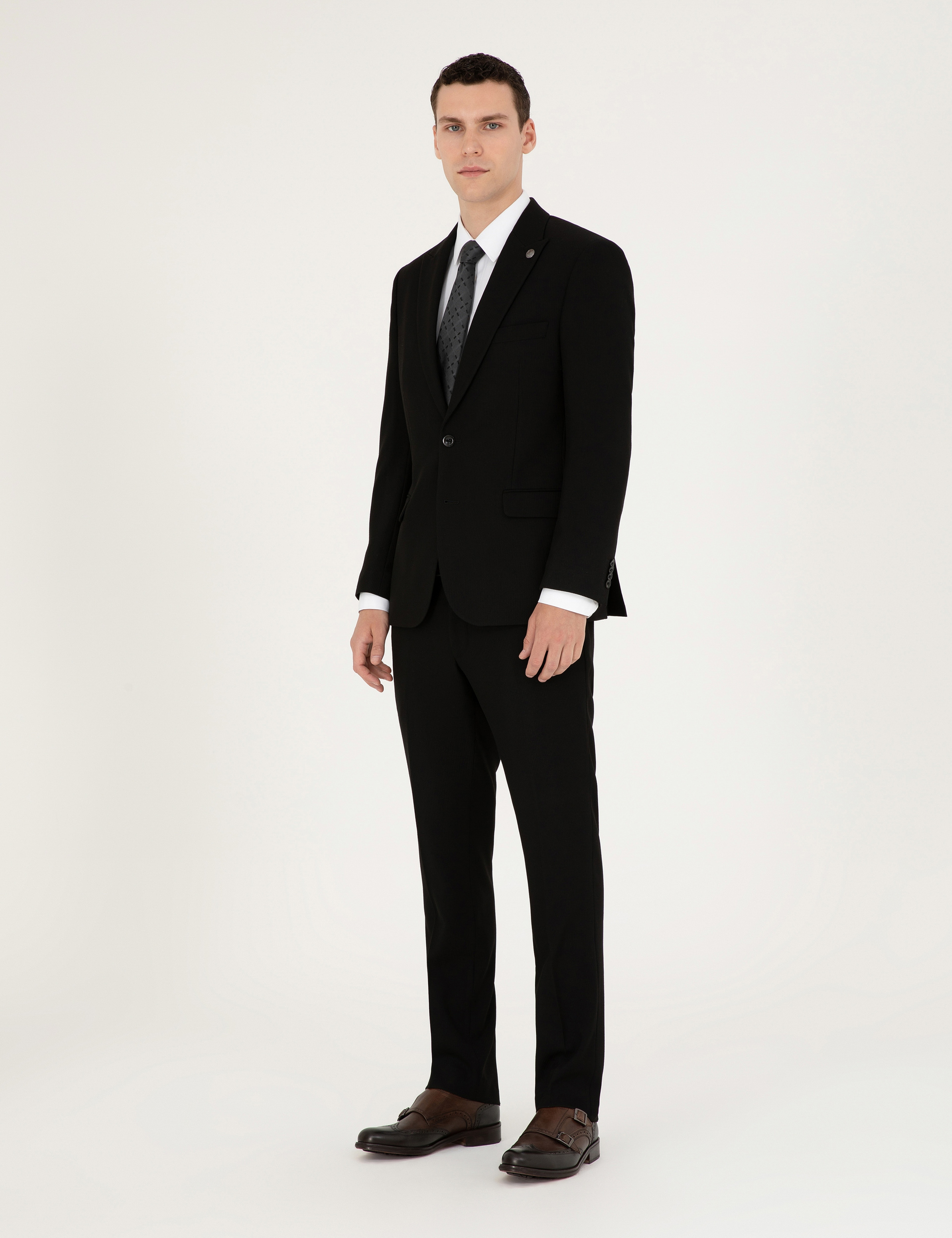 Siyah Slim Fit Çizgili Takım Elbise