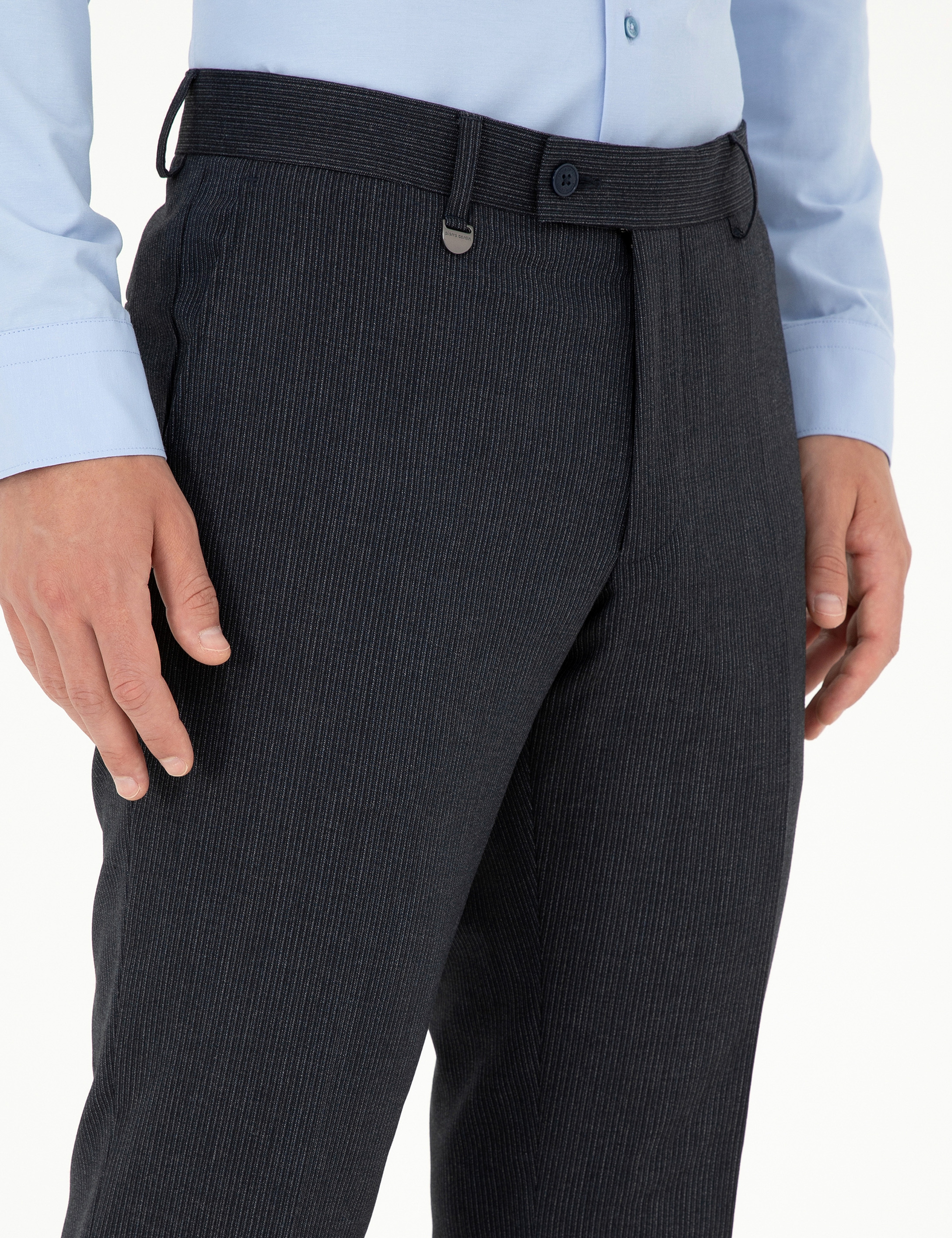 Lacivert Slim Fit Çizgili Kumaş Pantolon
