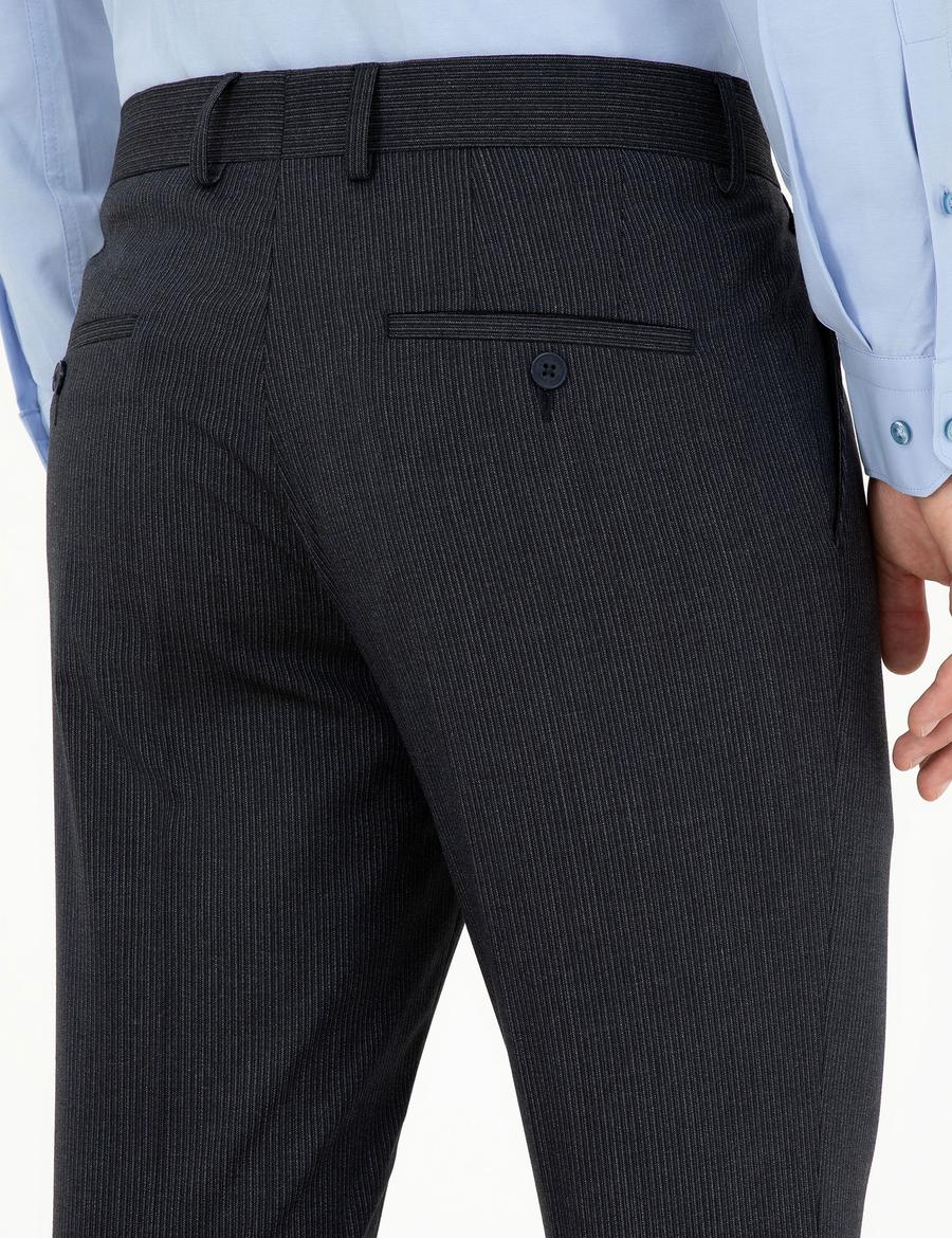 Lacivert Slim Fit Çizgili Kumaş Pantolon