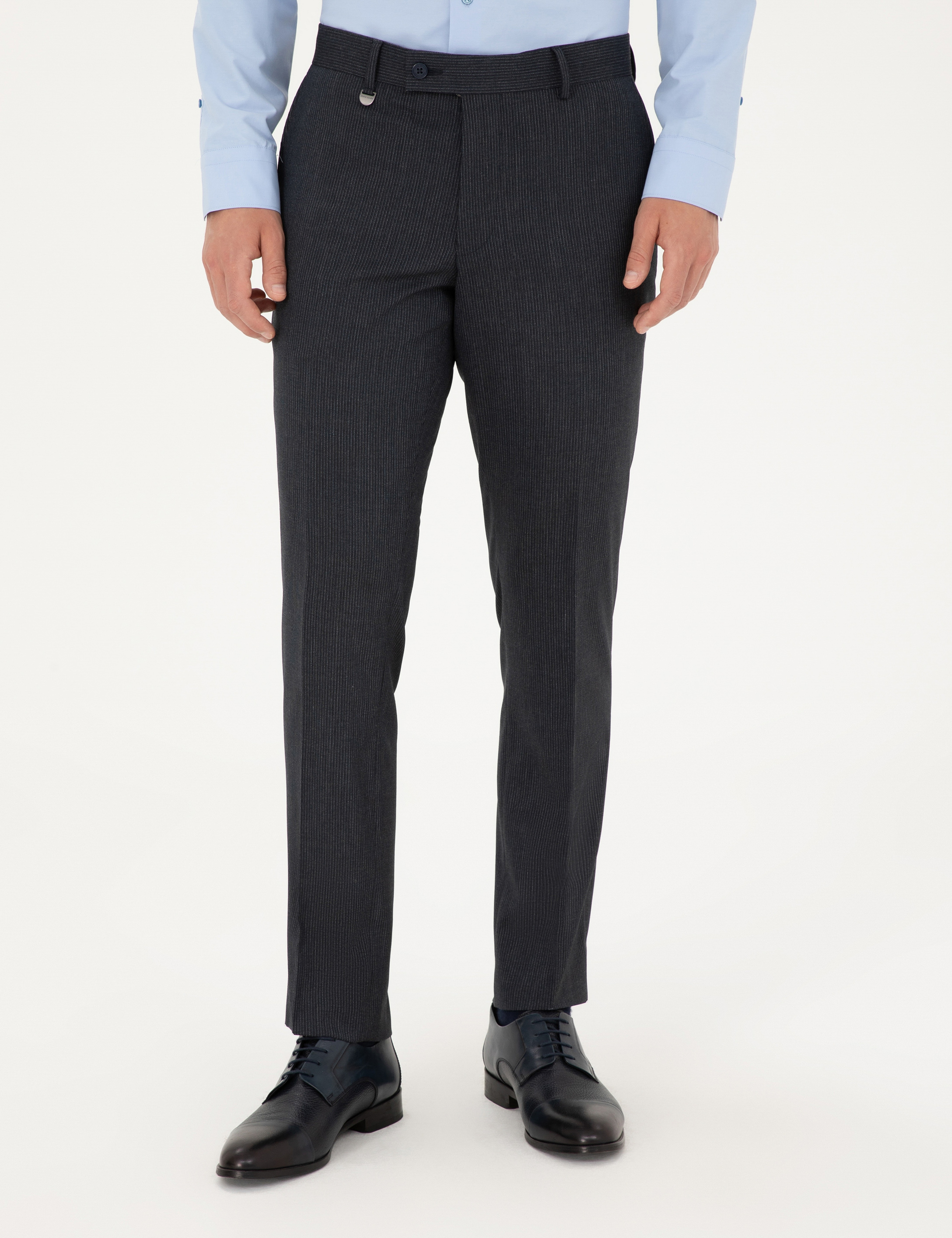 Lacivert Slim Fit Çizgili Kumaş Pantolon