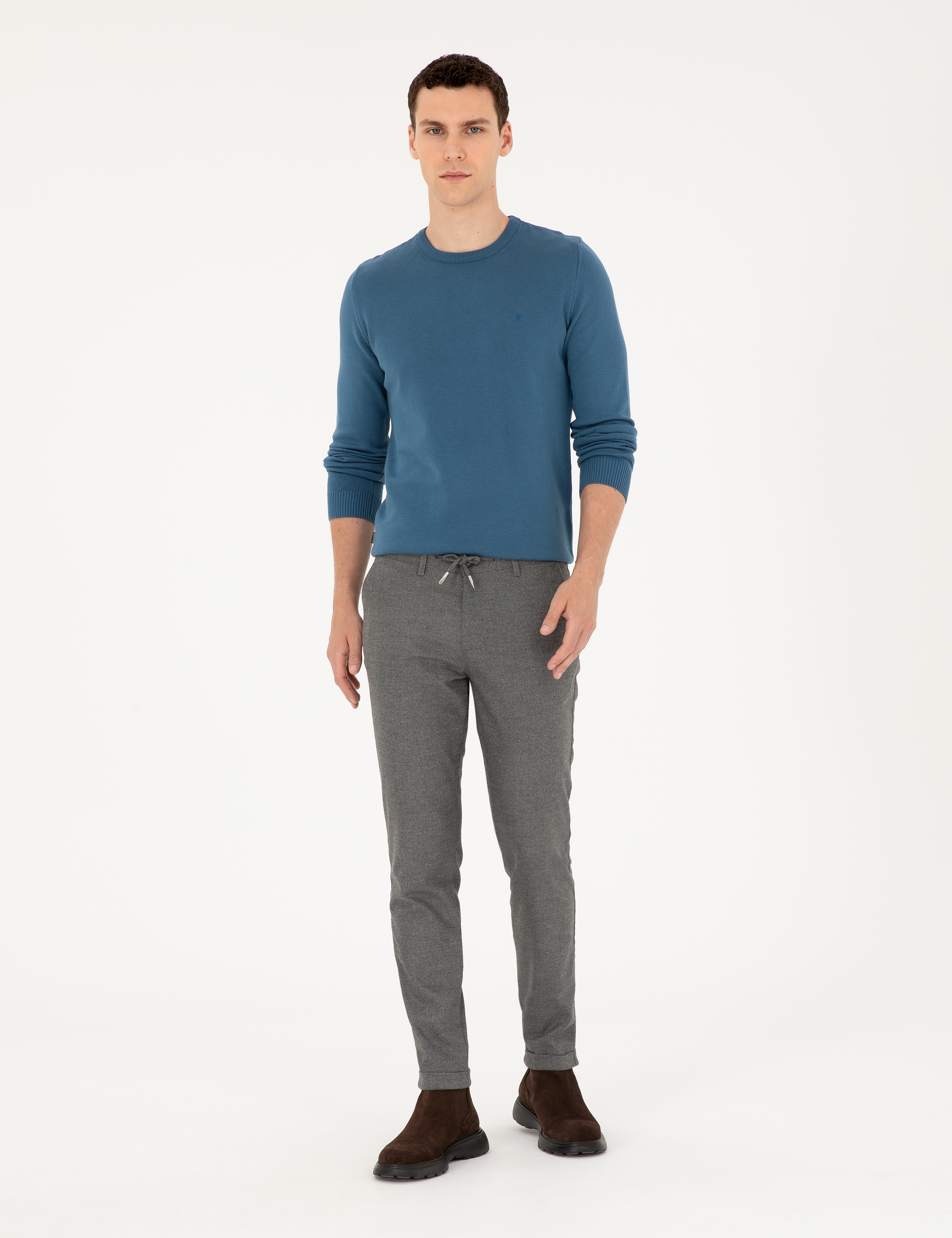 Gri Slim Fit Bağcıklı Kanvas Pantolon - Image 1
