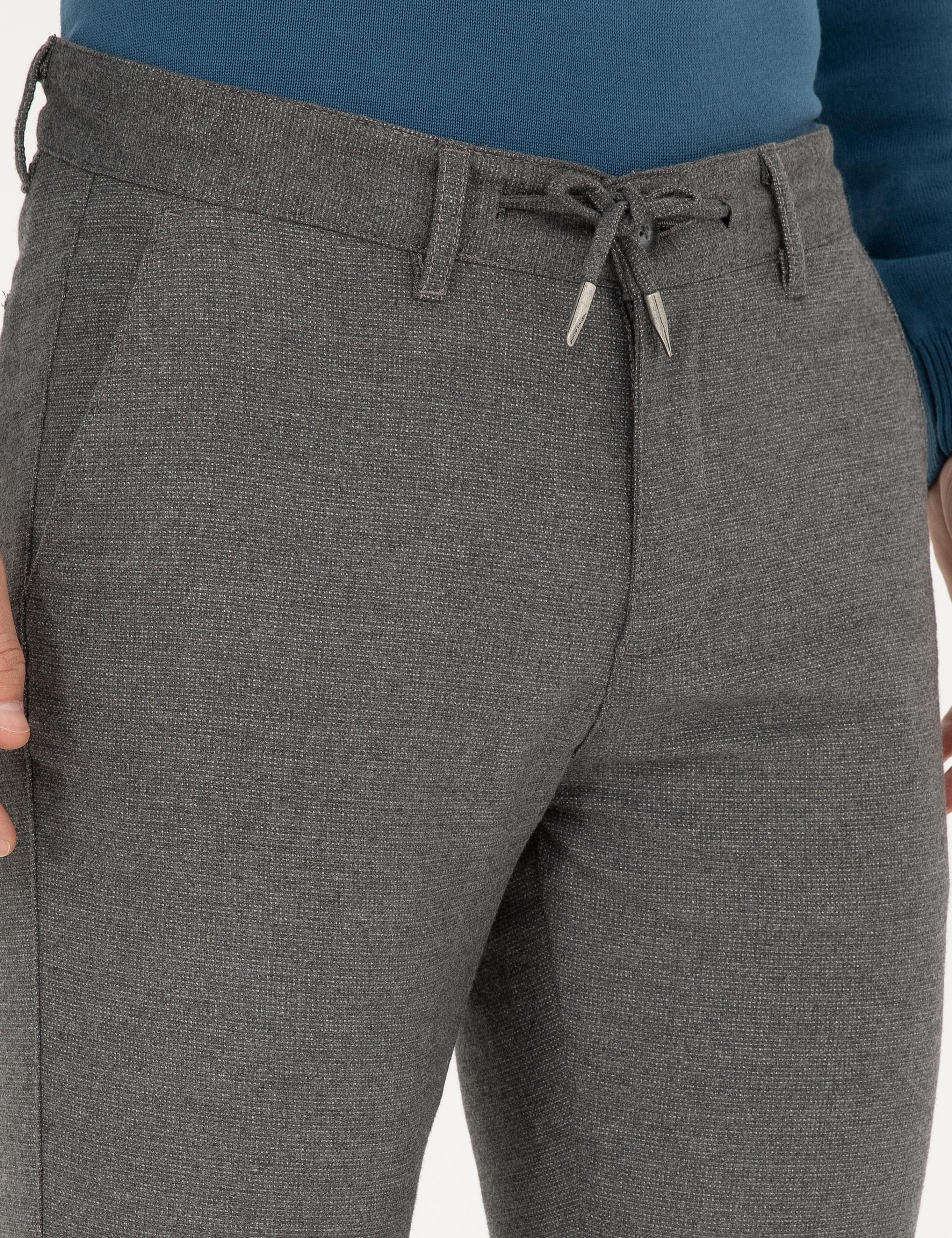 Gri Slim Fit Bağcıklı Kanvas Pantolon