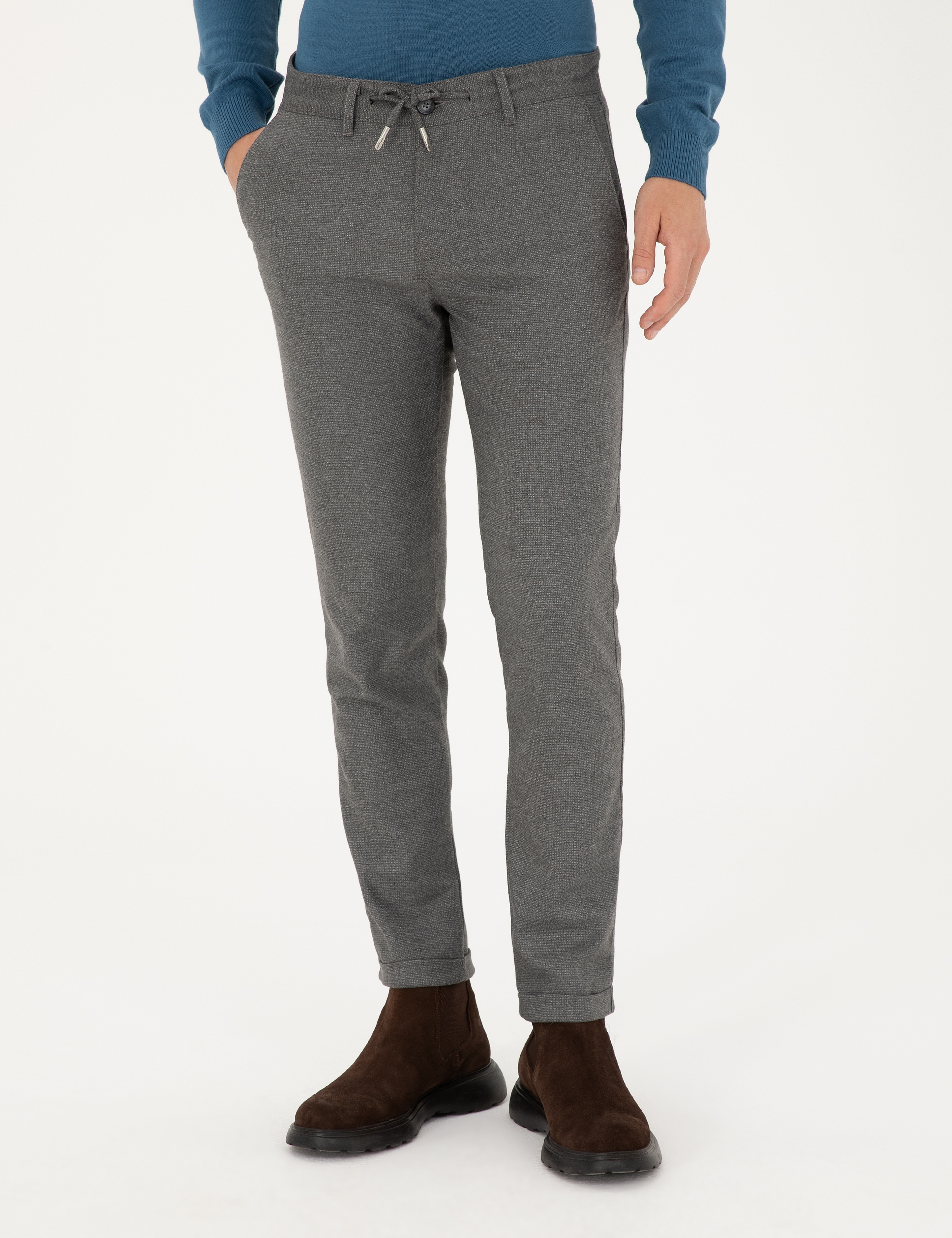 Gri Slim Fit Bağcıklı Kanvas Pantolon - Image 2