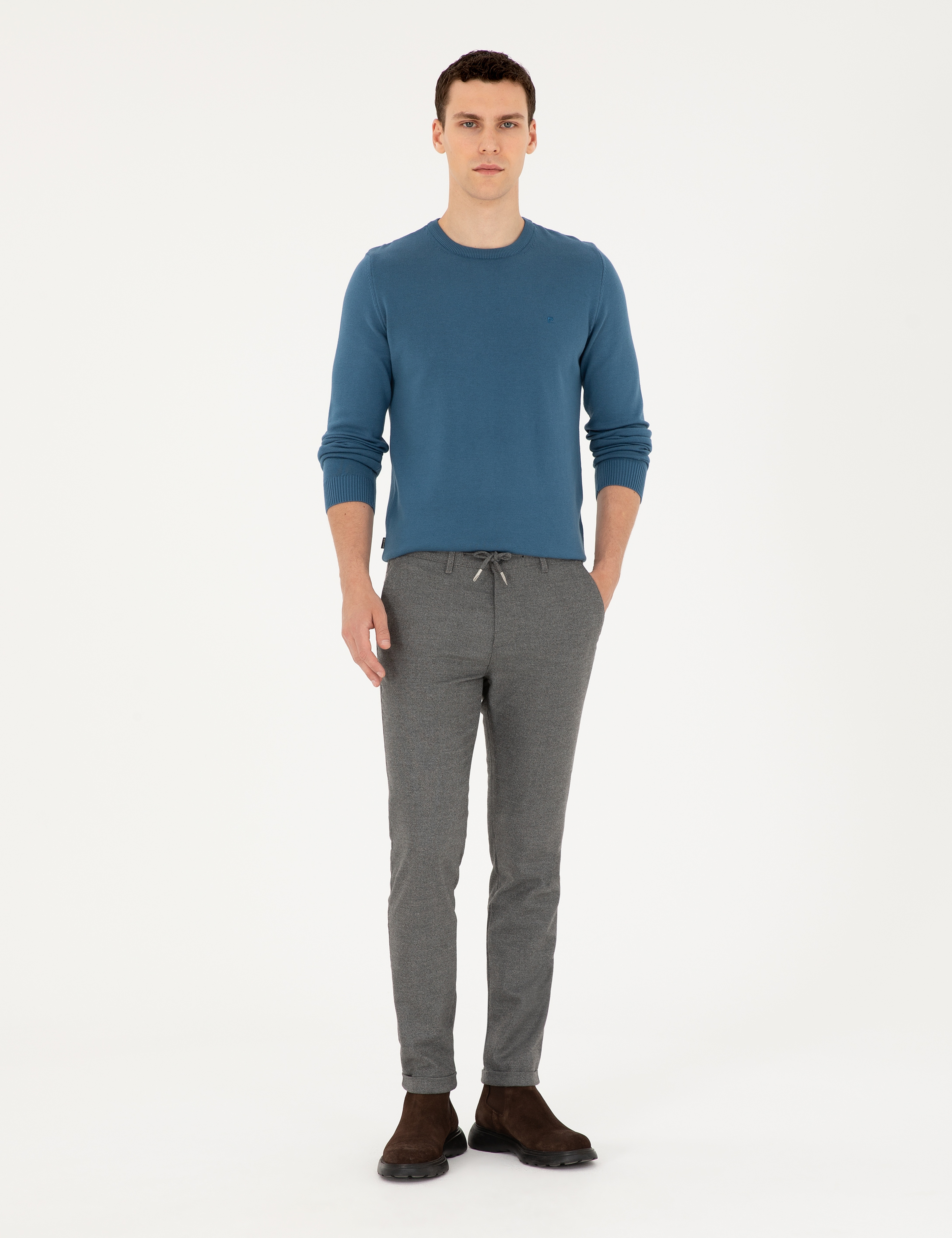 Gri Slim Fit Bağcıklı Kanvas Pantolon