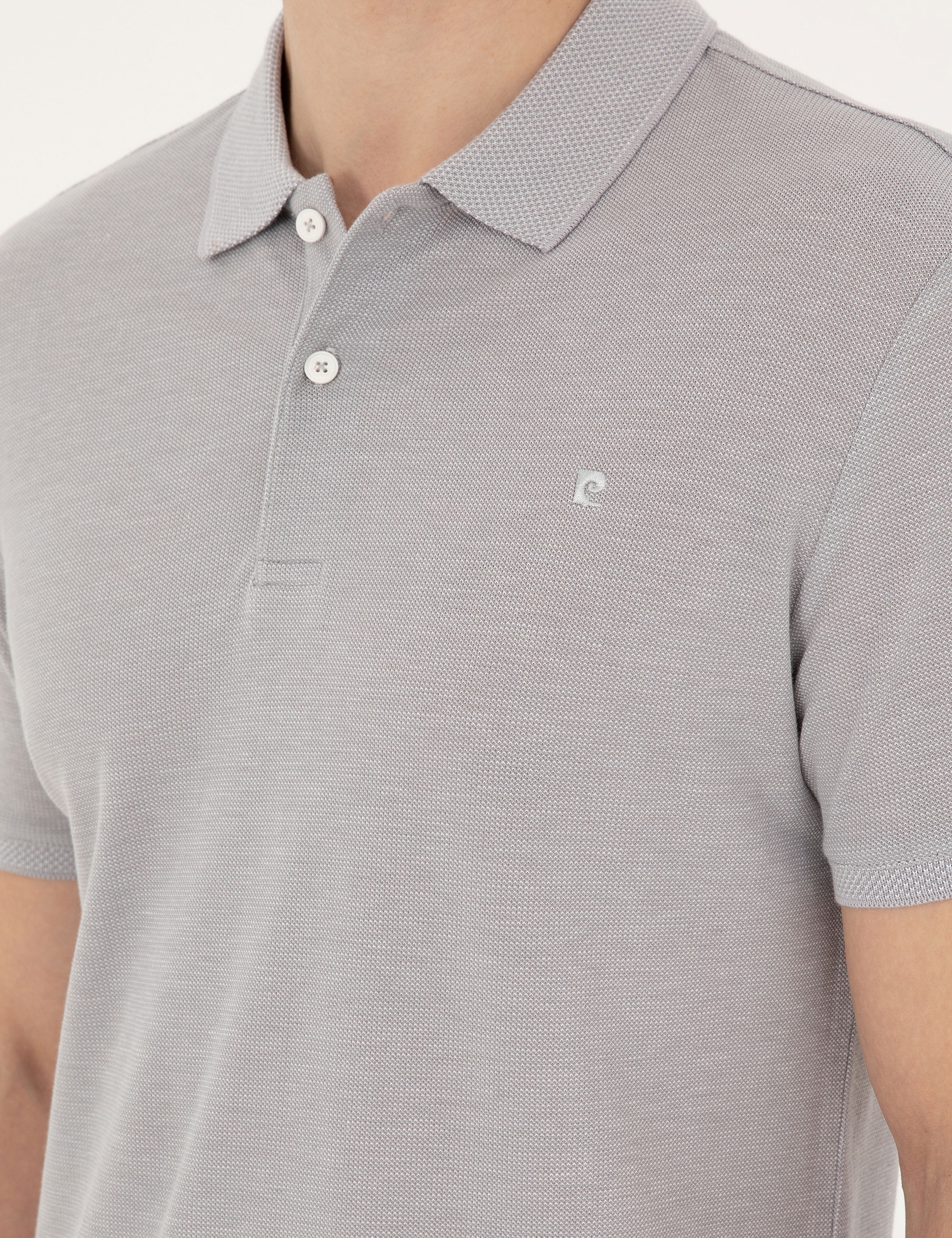 Açık Gri Melanj Slim Fit %100 Pamuk Düğmeli Polo Yaka Tişört