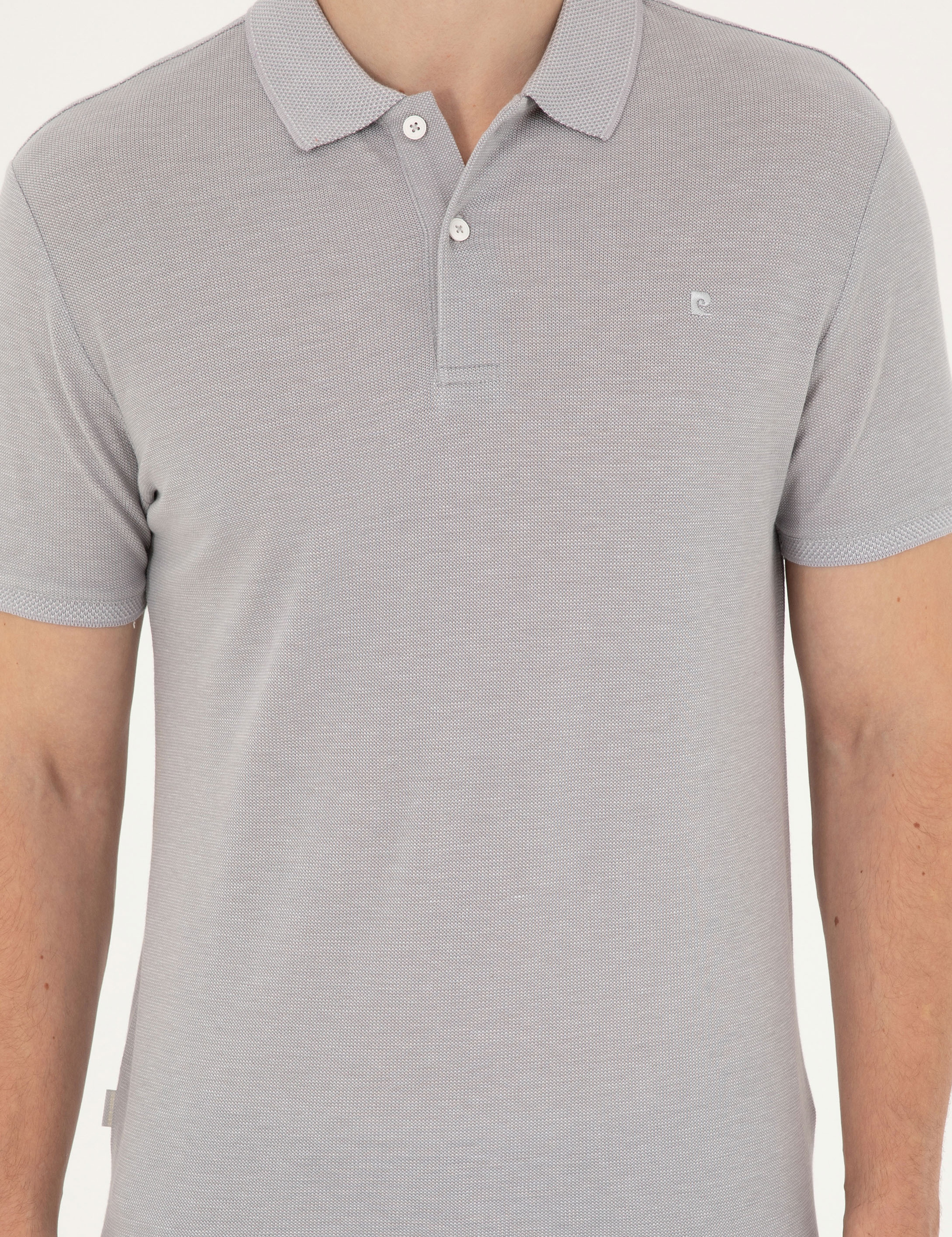 Açık Gri Melanj Slim Fit %100 Pamuk Düğmeli Polo Yaka Tişört