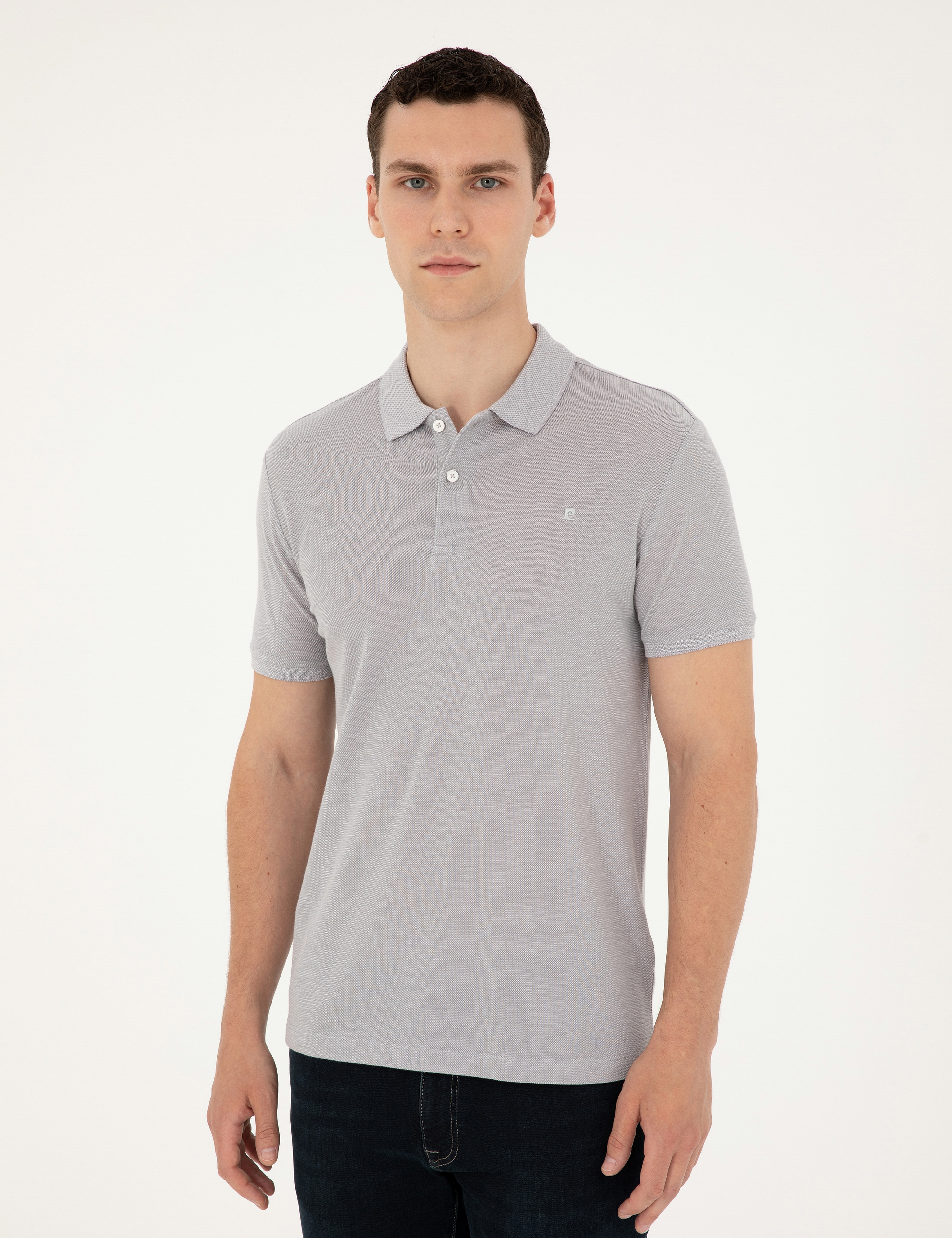Açık Gri Melanj Slim Fit %100 Pamuk Düğmeli Polo Yaka Tişört
