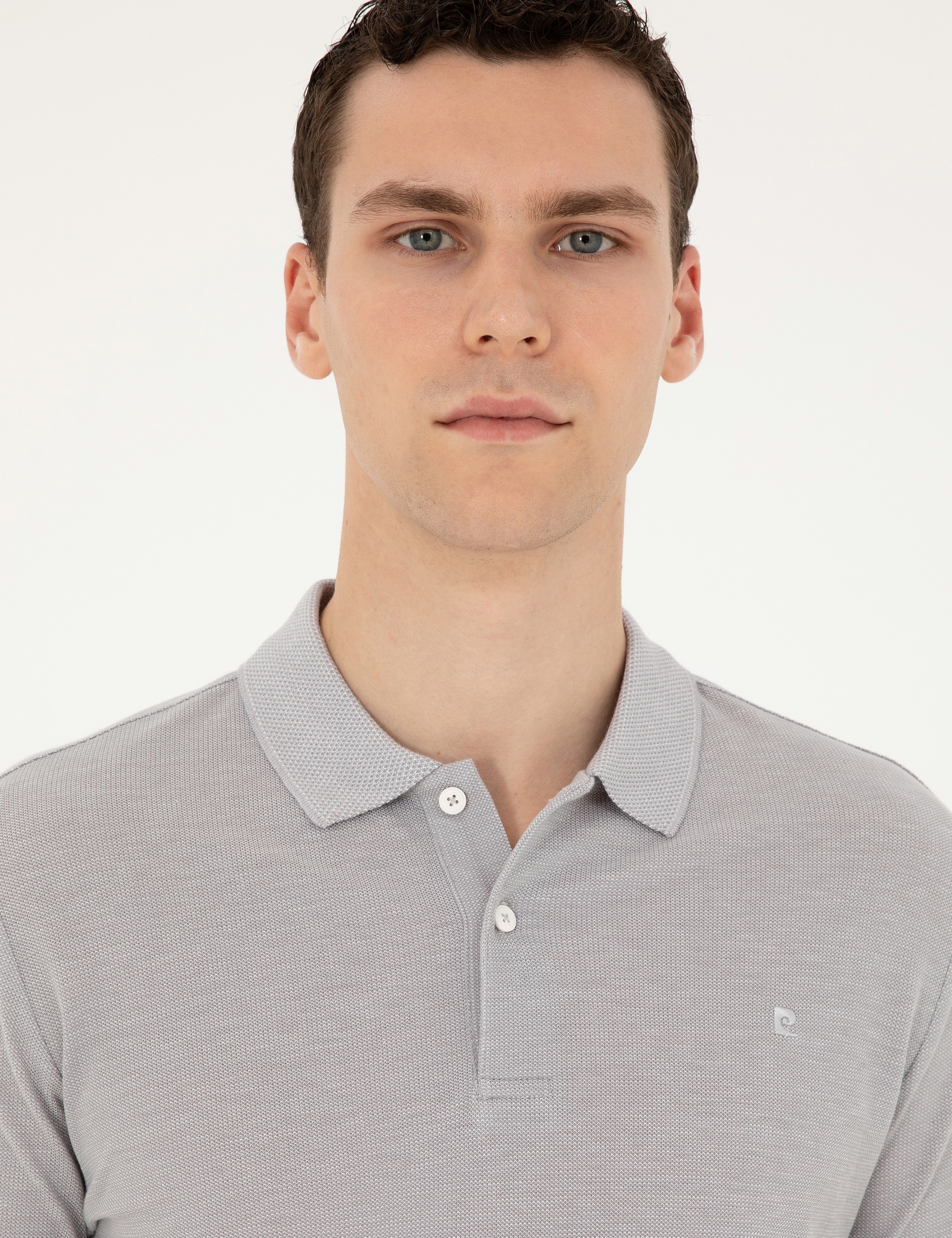 Açık Gri Melanj Slim Fit %100 Pamuk Düğmeli Polo Yaka Tişört - Image 2