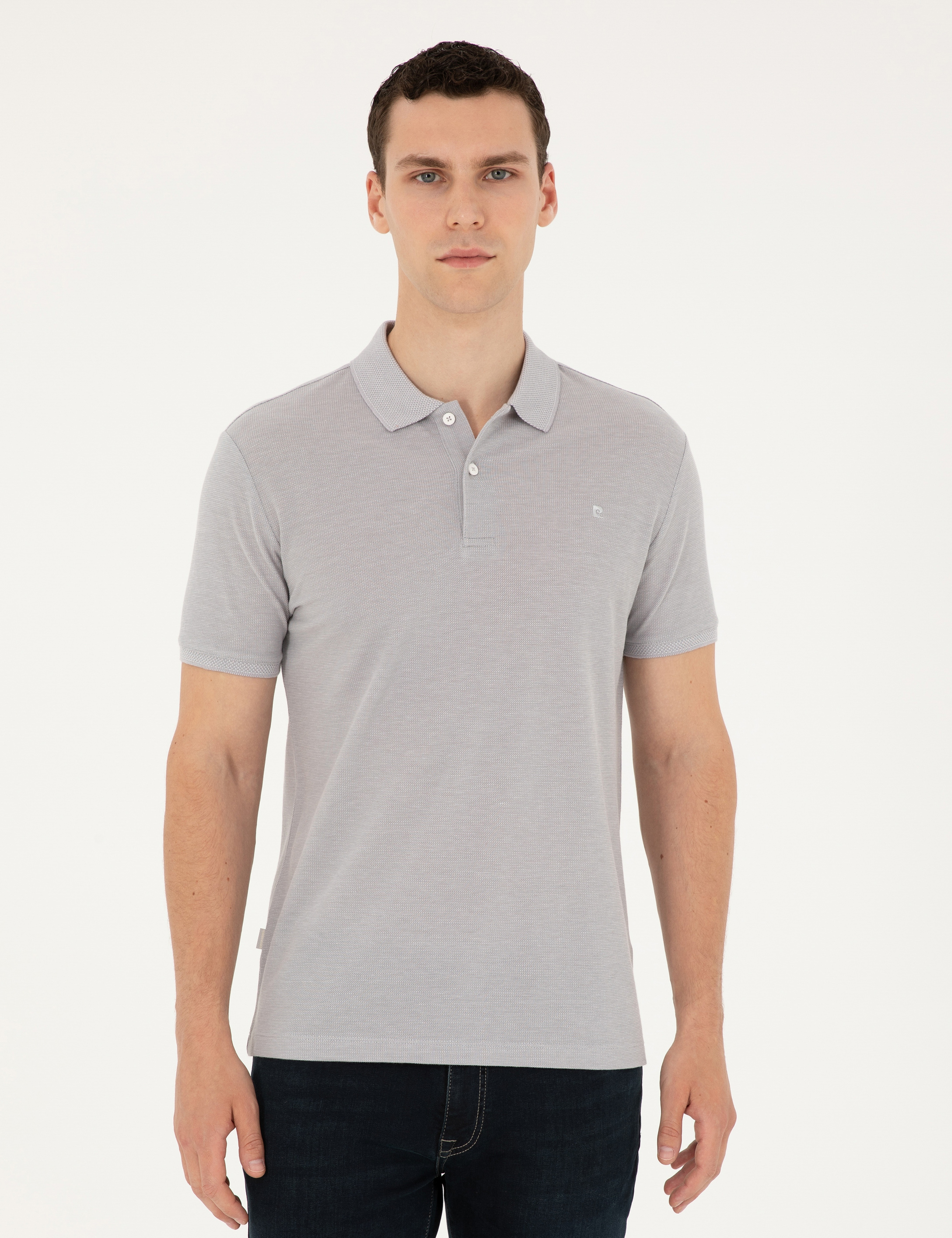Açık Gri Melanj Slim Fit %100 Pamuk Düğmeli Polo Yaka Tişört - Image 1