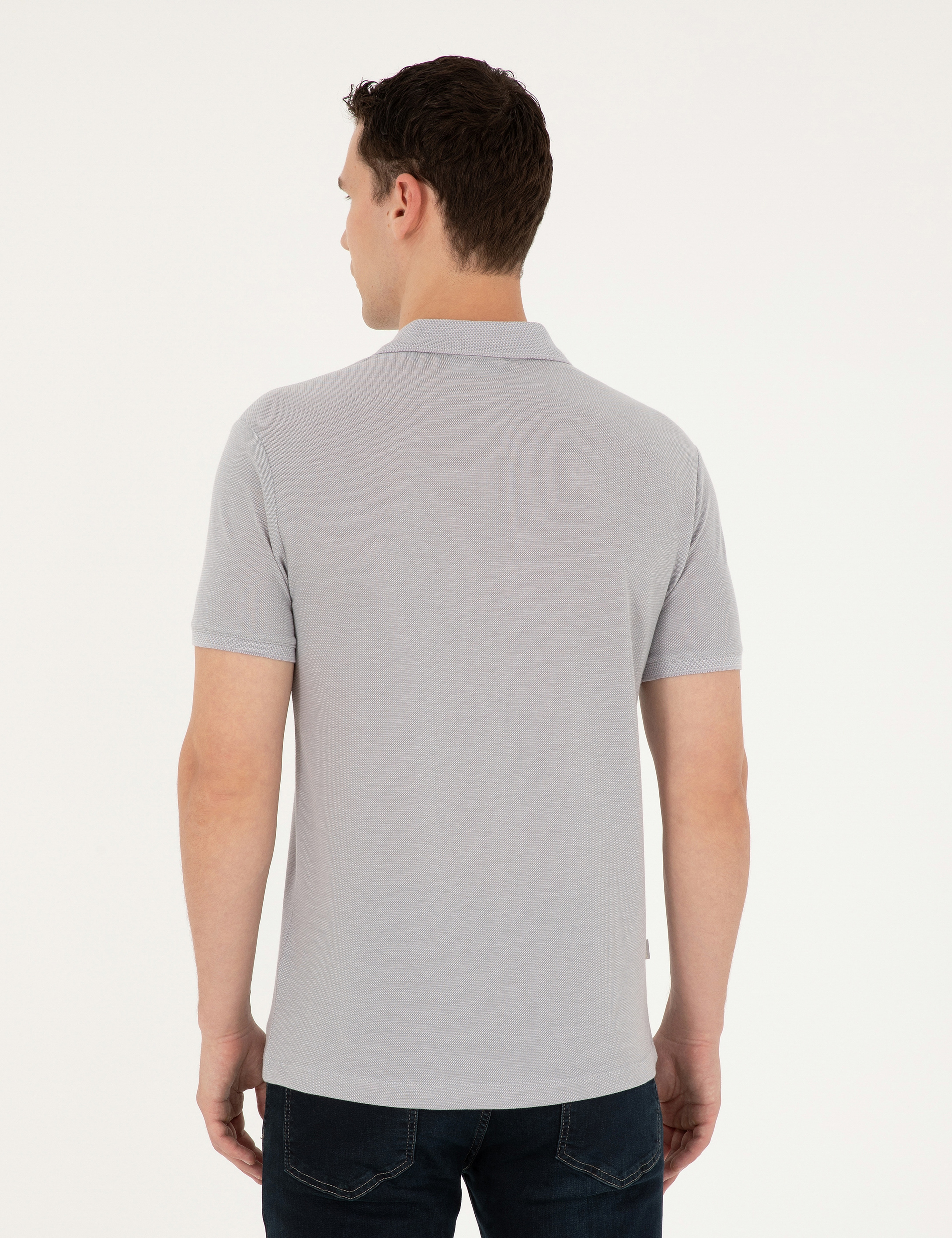 Açık Gri Melanj Slim Fit %100 Pamuk Düğmeli Polo Yaka Tişört