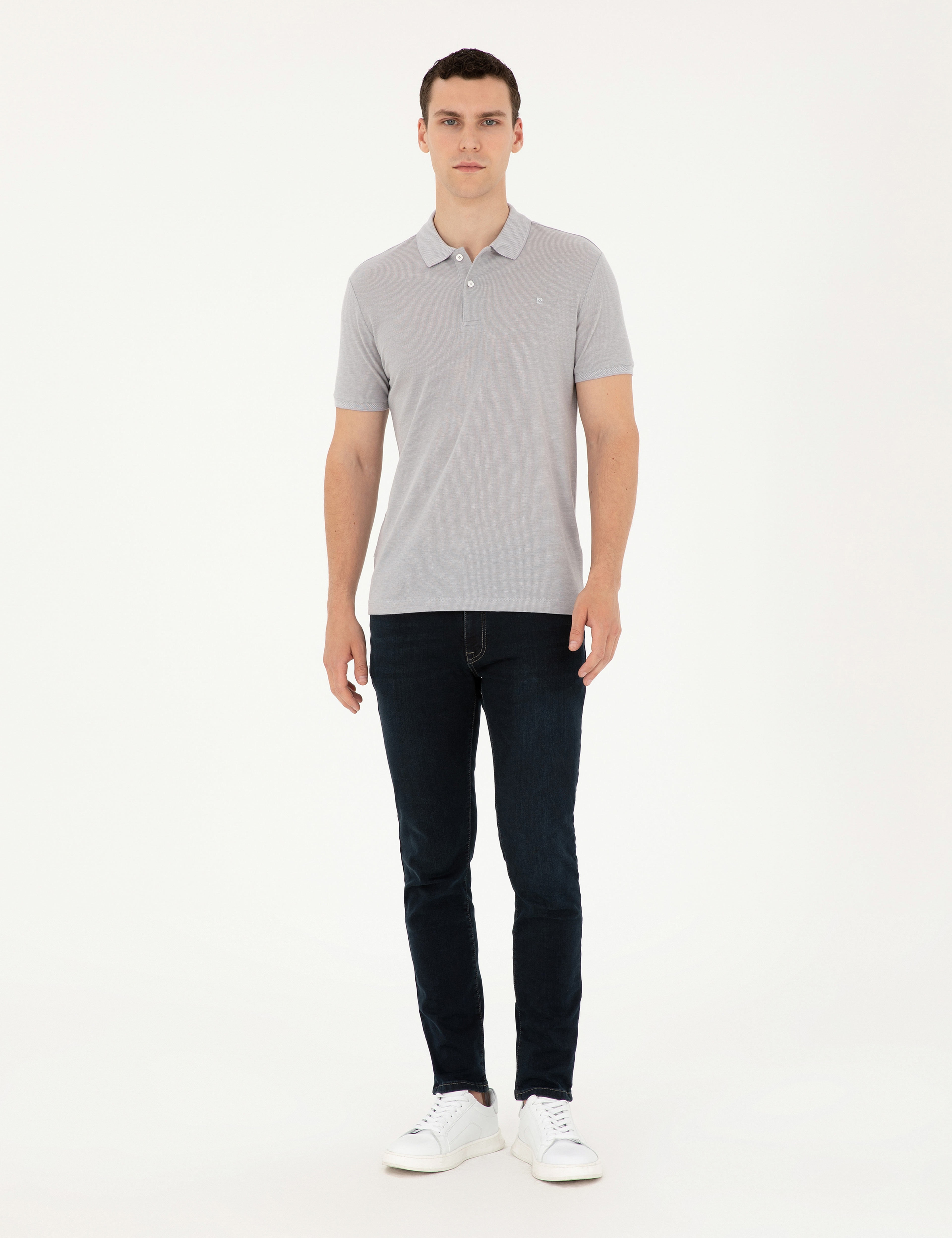 Açık Gri Melanj Slim Fit %100 Pamuk Düğmeli Polo Yaka Tişört - Image 4