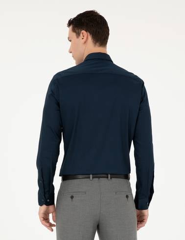 Lacivert %100 Pamuk Parlak Saten Slim Fit Uzun Kollu Basic Gömlek