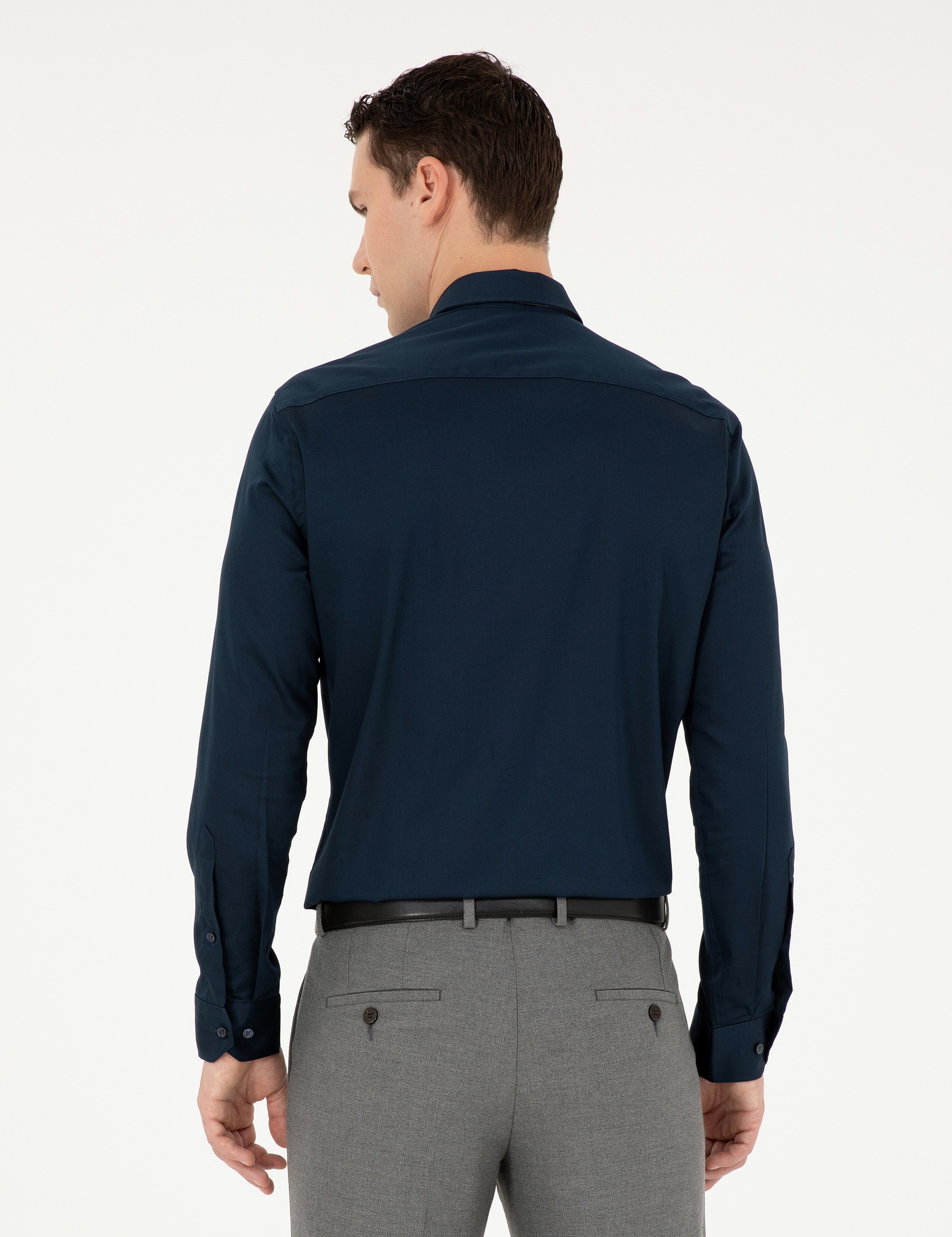 Lacivert %100 Pamuk Parlak Saten Slim Fit Uzun Kollu Basic Gömlek - Image 5