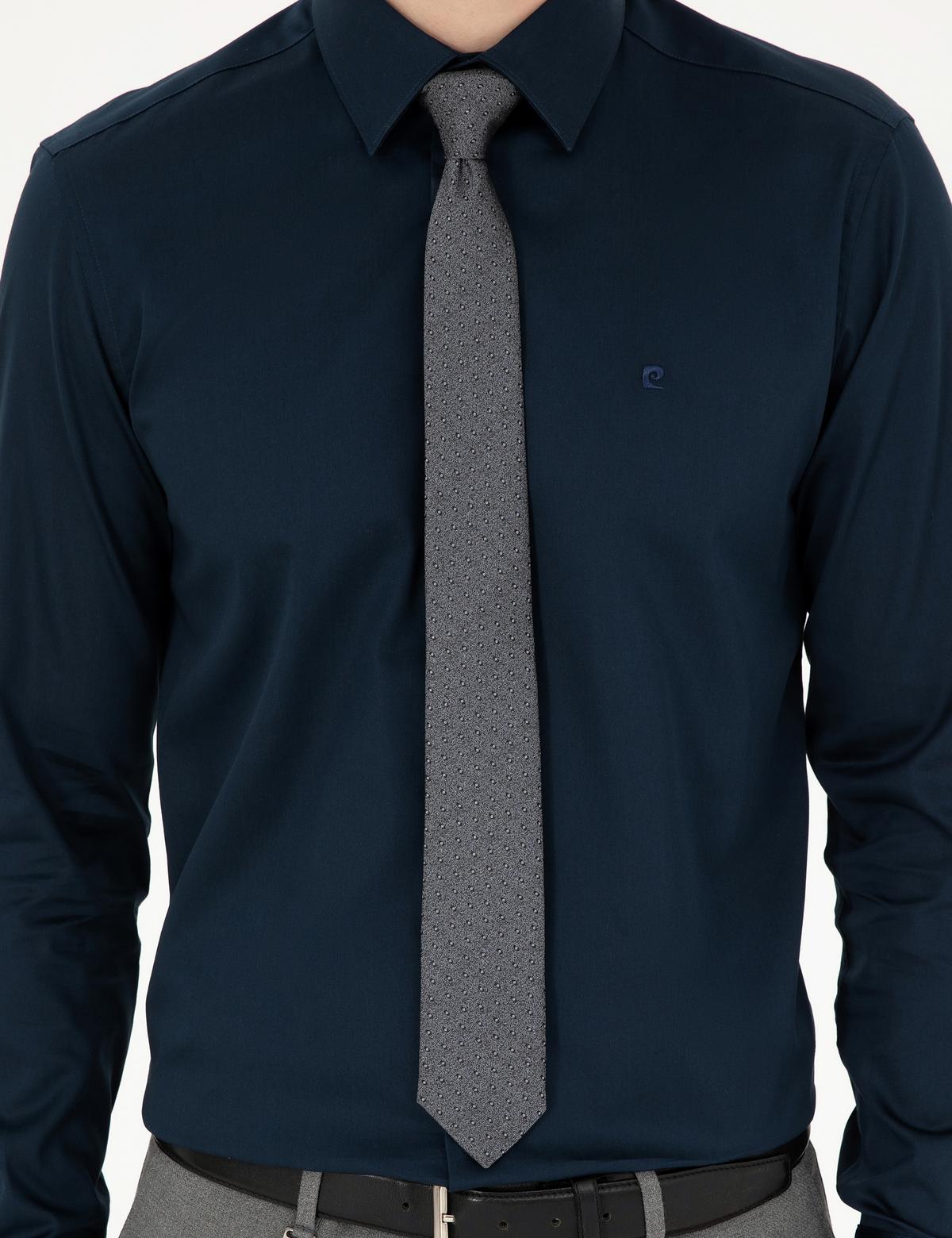 Lacivert Parlak Saten Slim Fit Uzun Kollu Basic Gömlek - 50286102037