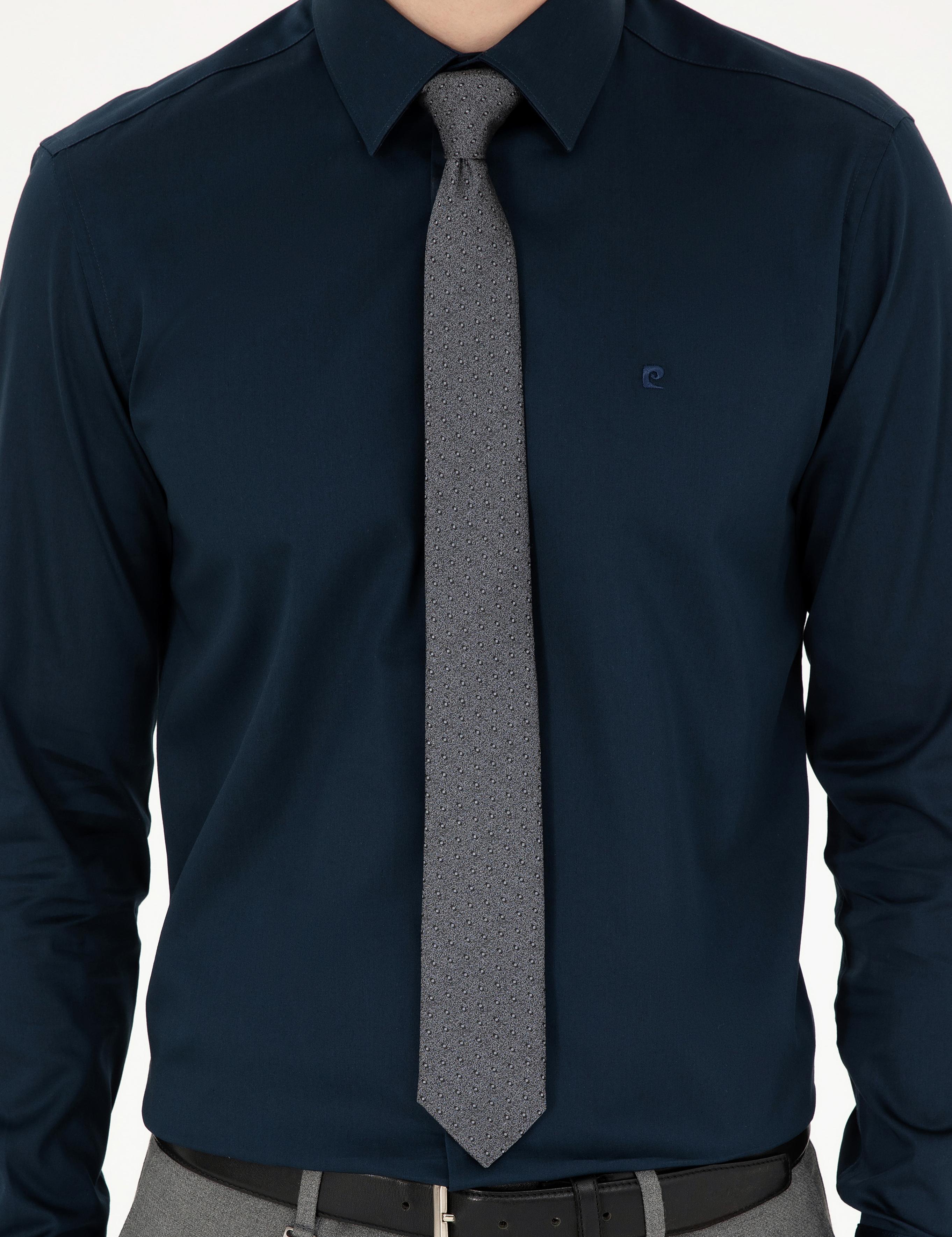 Lacivert Parlak Saten Slim Fit Uzun Kollu Basic Gömlek