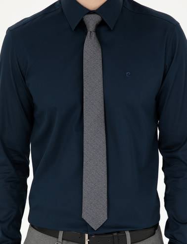 Lacivert %100 Pamuk Parlak Saten Slim Fit Uzun Kollu Basic Gömlek