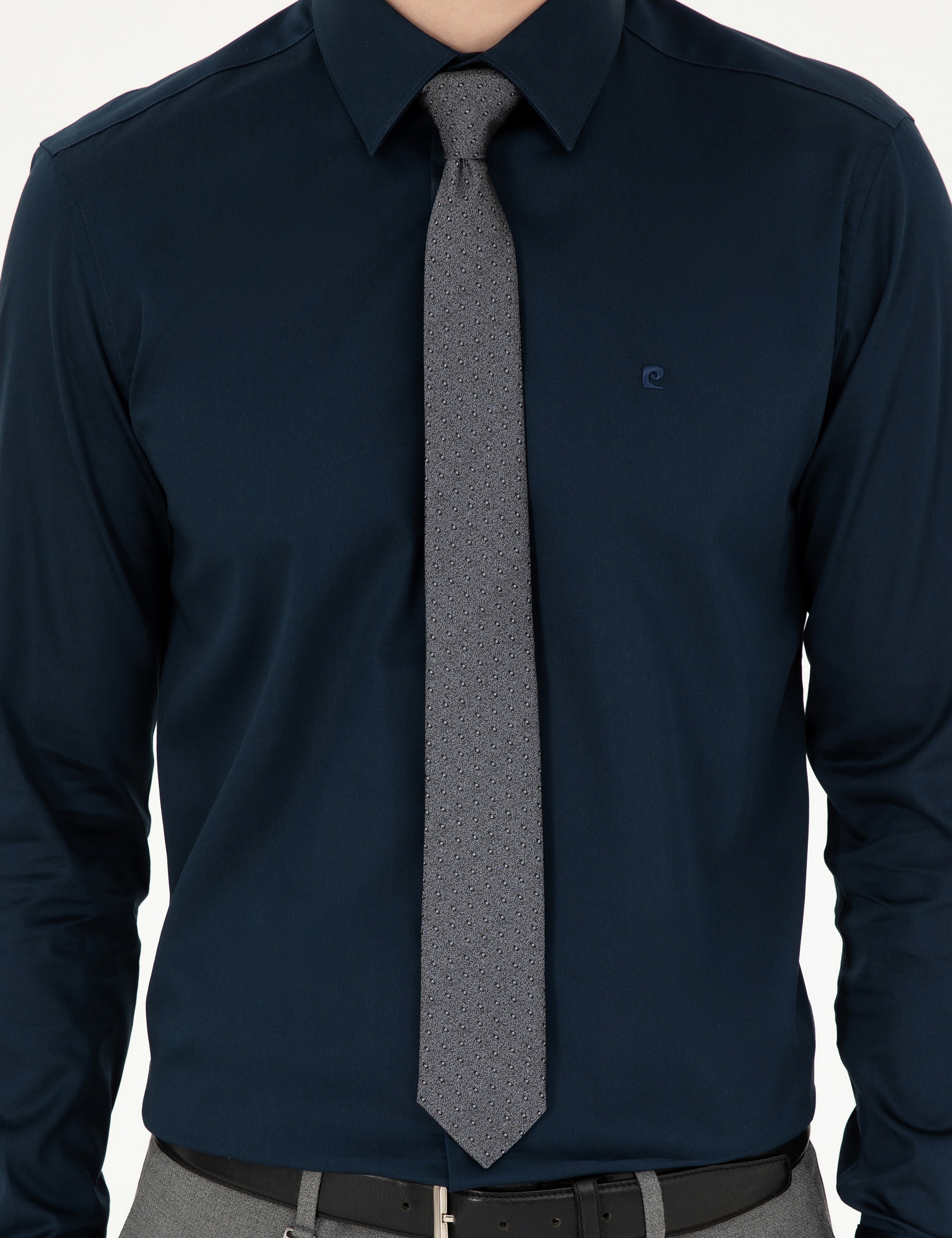 Lacivert %100 Pamuk Parlak Saten Slim Fit Uzun Kollu Basic Gömlek - Image 6