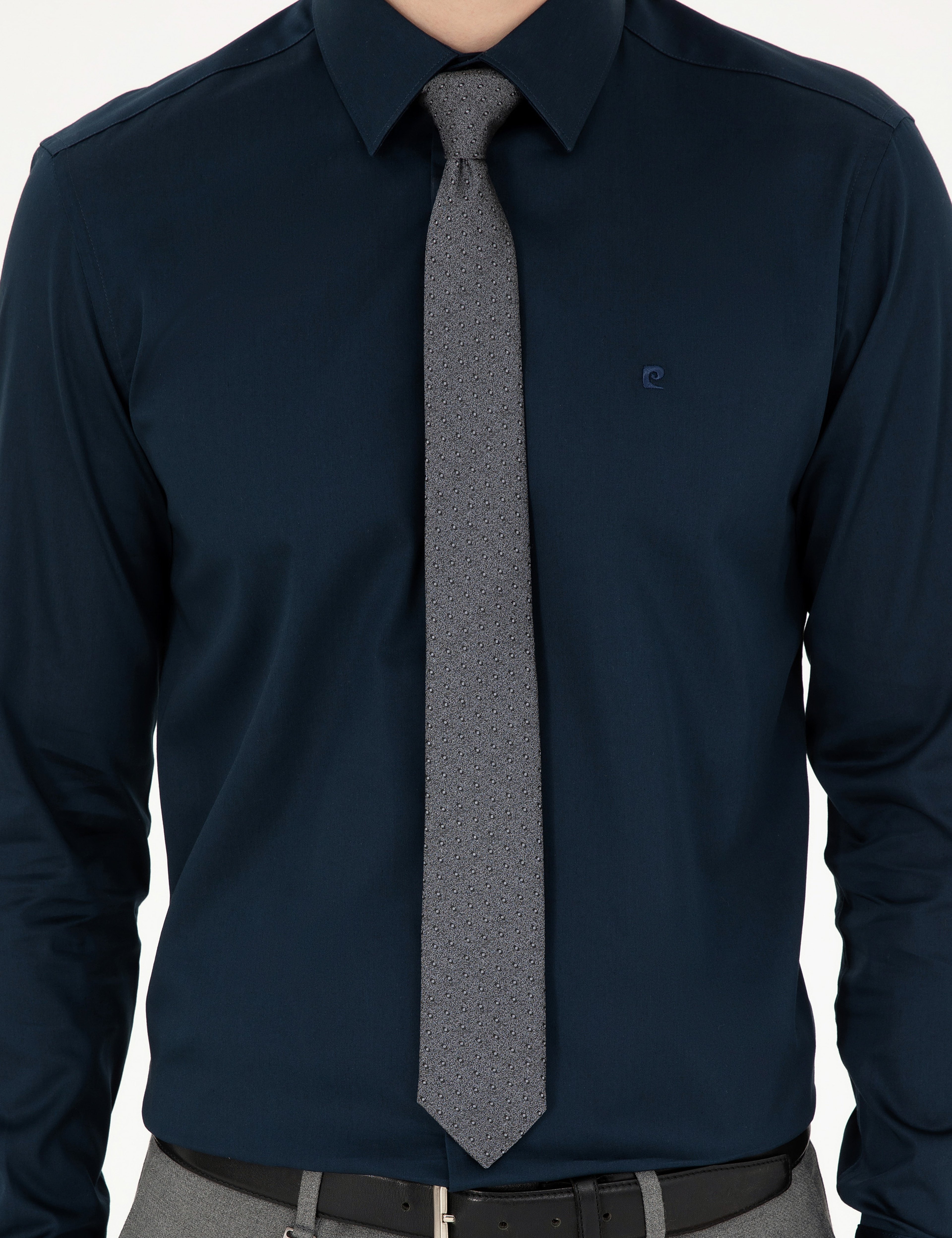 Lacivert %100 Pamuk Parlak Saten Slim Fit Uzun Kollu Basic Gömlek