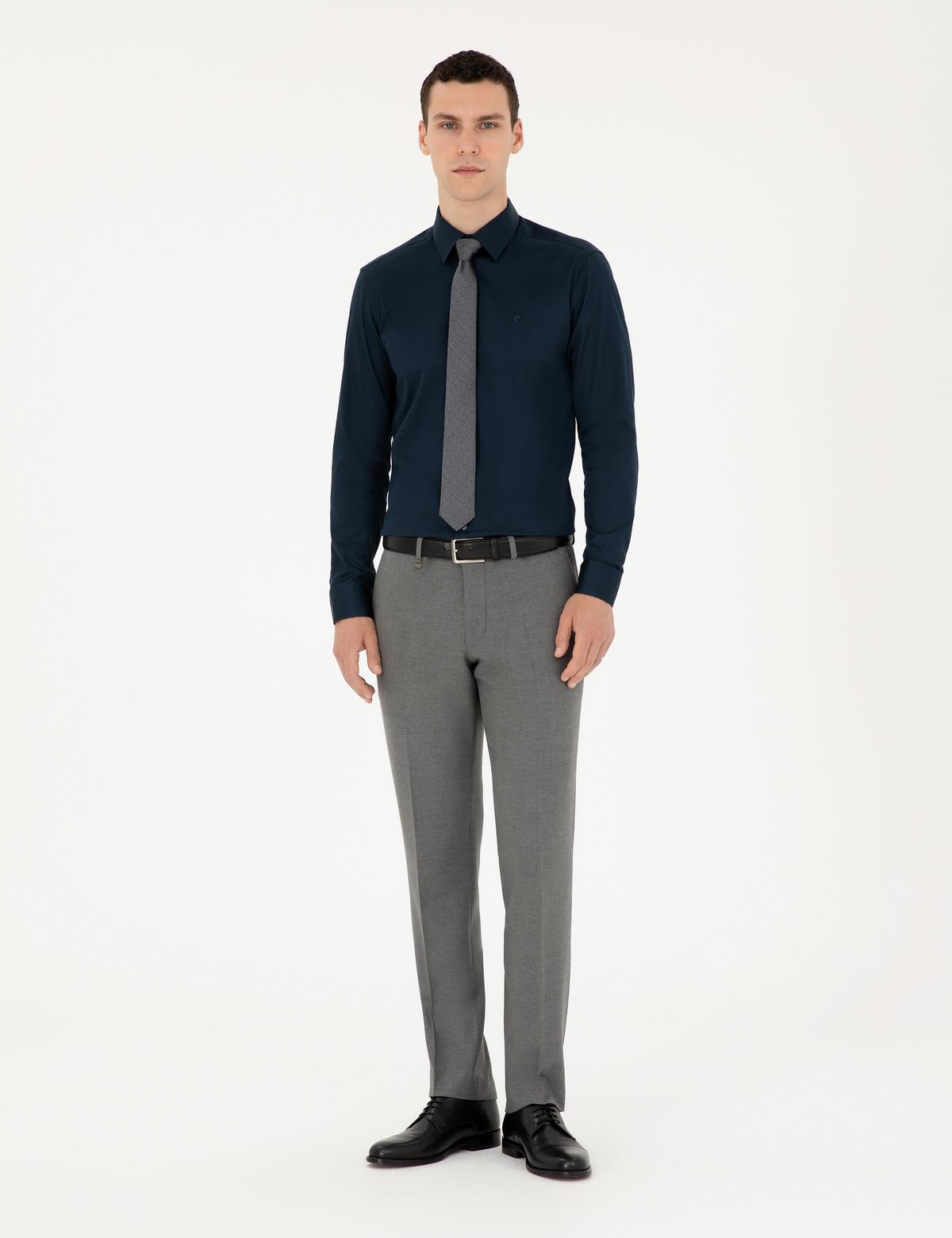 Lacivert Parlak Saten Slim Fit Uzun Kollu Basic Gömlek - 50286102037