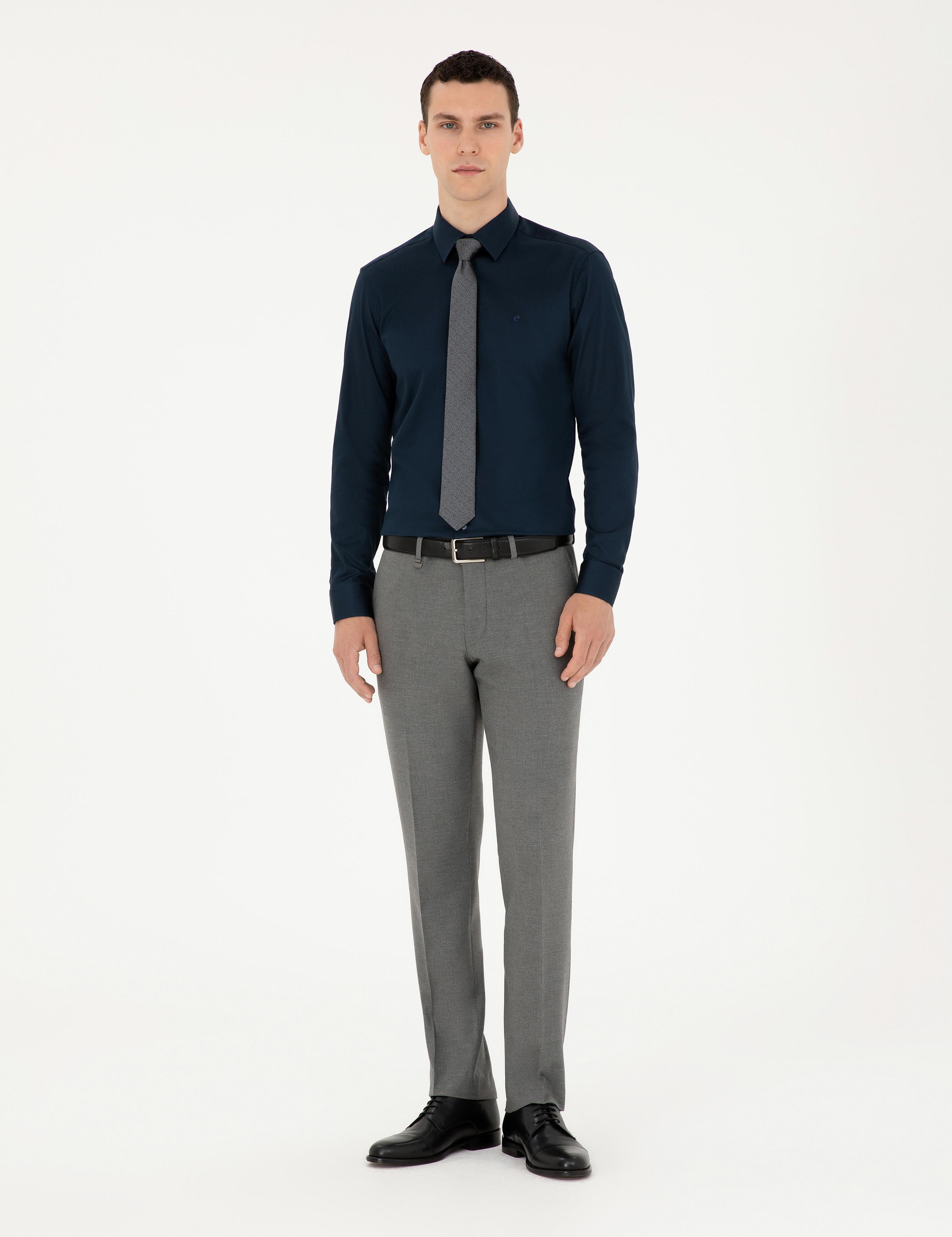 Lacivert Parlak Saten Slim Fit Uzun Kollu Basic Gömlek