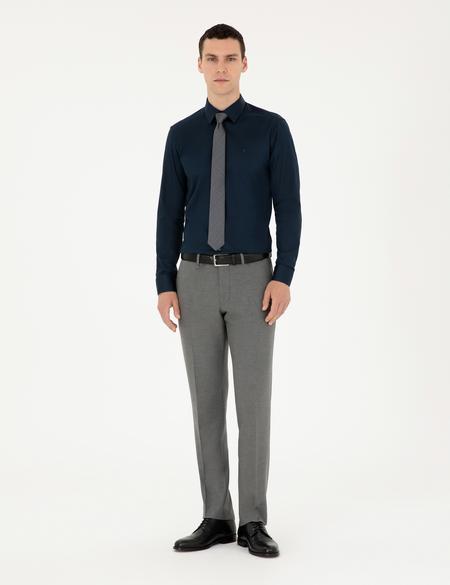 Lacivert Parlak Saten Slim Fit Uzun Kollu Basic Gömlek - 50286102037