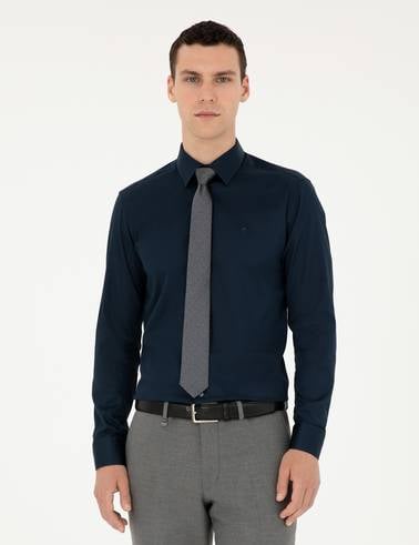 Lacivert %100 Pamuk Parlak Saten Slim Fit Uzun Kollu Basic Gömlek