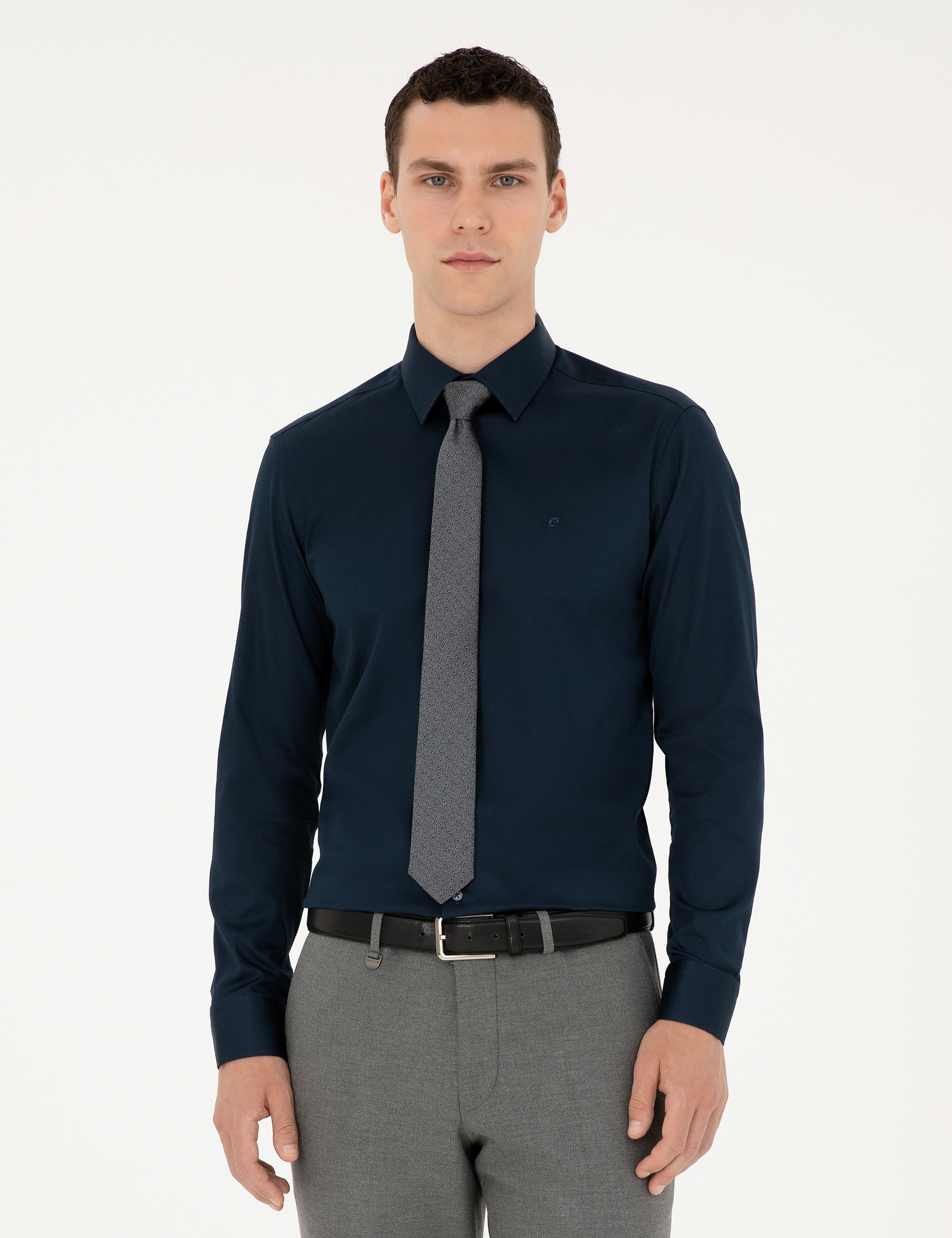 Lacivert %100 Pamuk Parlak Saten Slim Fit Uzun Kollu Basic Gömlek