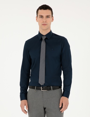 Lacivert %100 Pamuk Parlak Saten Slim Fit Uzun Kollu Basic Gömlek