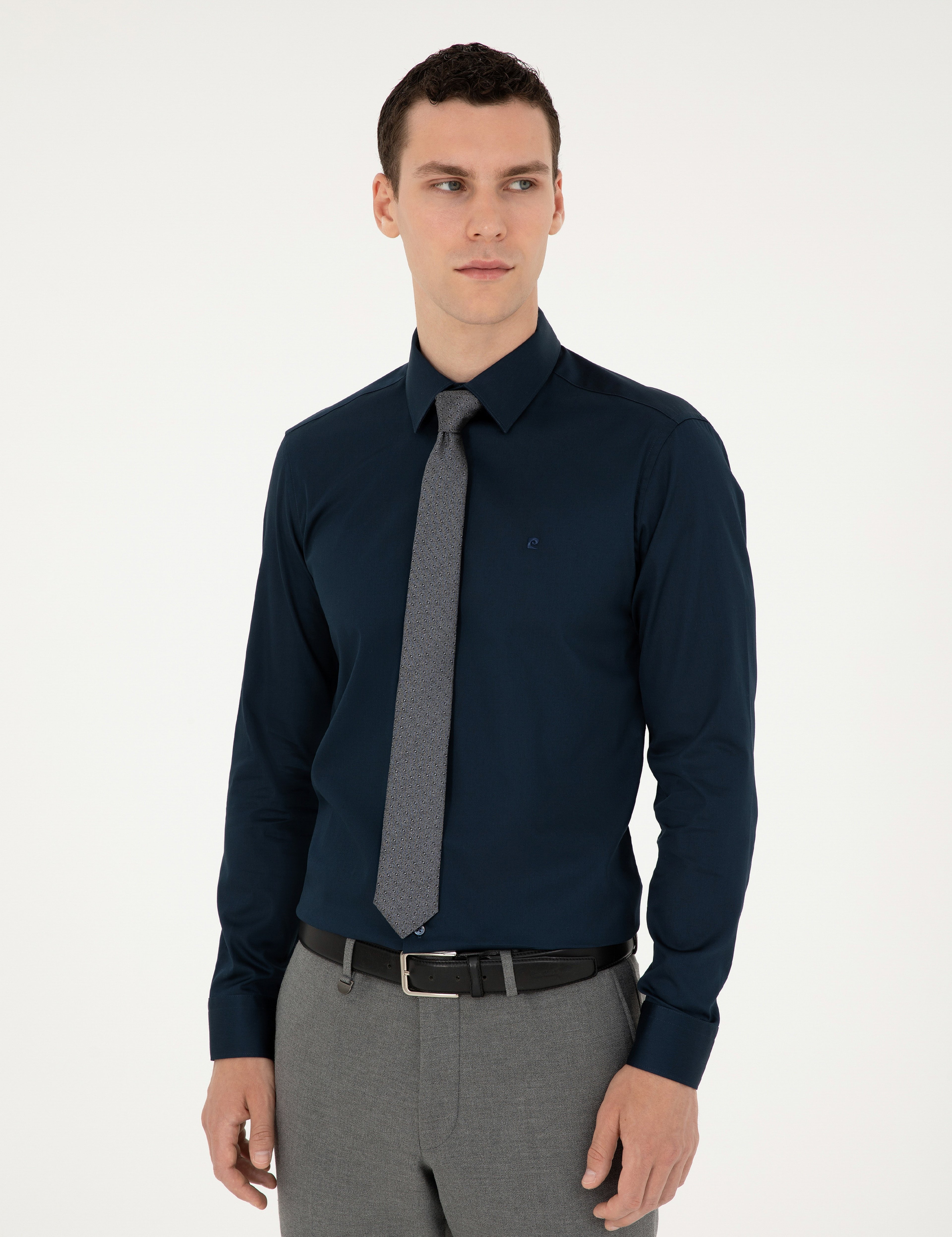 Lacivert %100 Pamuk Parlak Saten Slim Fit Uzun Kollu Basic Gömlek - Image 3