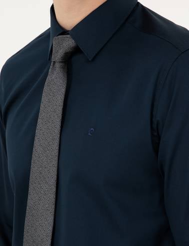 Lacivert %100 Pamuk Parlak Saten Slim Fit Uzun Kollu Basic Gömlek