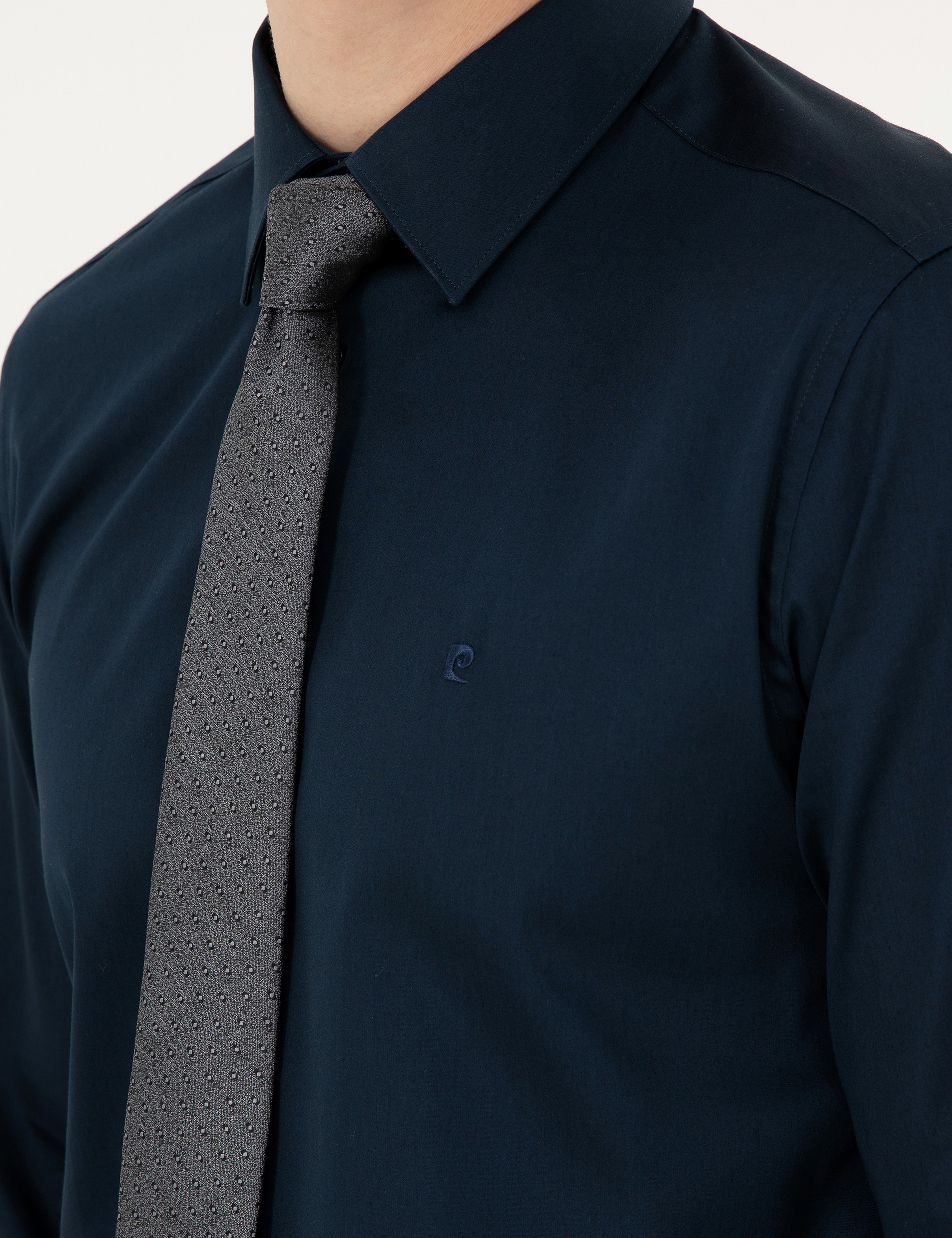 Lacivert %100 Pamuk Parlak Saten Slim Fit Uzun Kollu Basic Gömlek