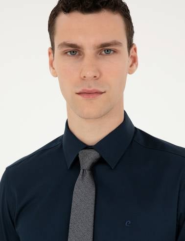 Lacivert %100 Pamuk Parlak Saten Slim Fit Uzun Kollu Basic Gömlek