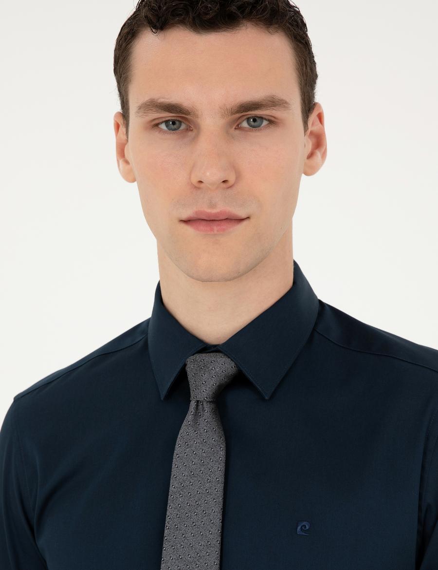 Lacivert %100 Pamuk Parlak Saten Slim Fit Uzun Kollu Basic Gömlek