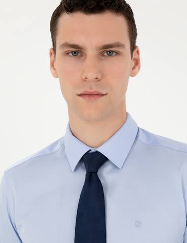 Koyu Mavi %100 Pamuk Parlak Saten Slim Fit Uzun Kollu Basic Gömlek