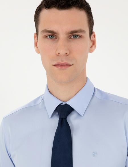 Koyu Mavi Parlak Saten Slim Fit Uzun Kollu Basic Gömlek - 50286102028