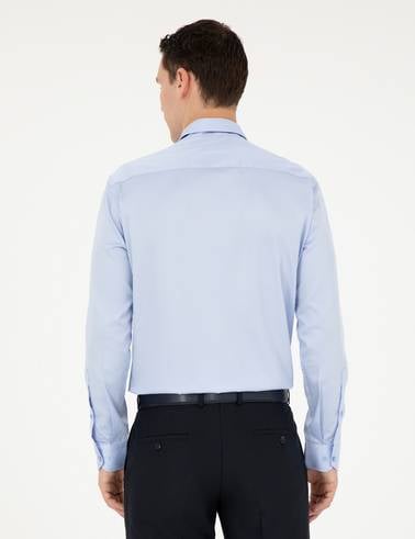 Koyu Mavi %100 Pamuk Parlak Saten Slim Fit Uzun Kollu Basic Gömlek