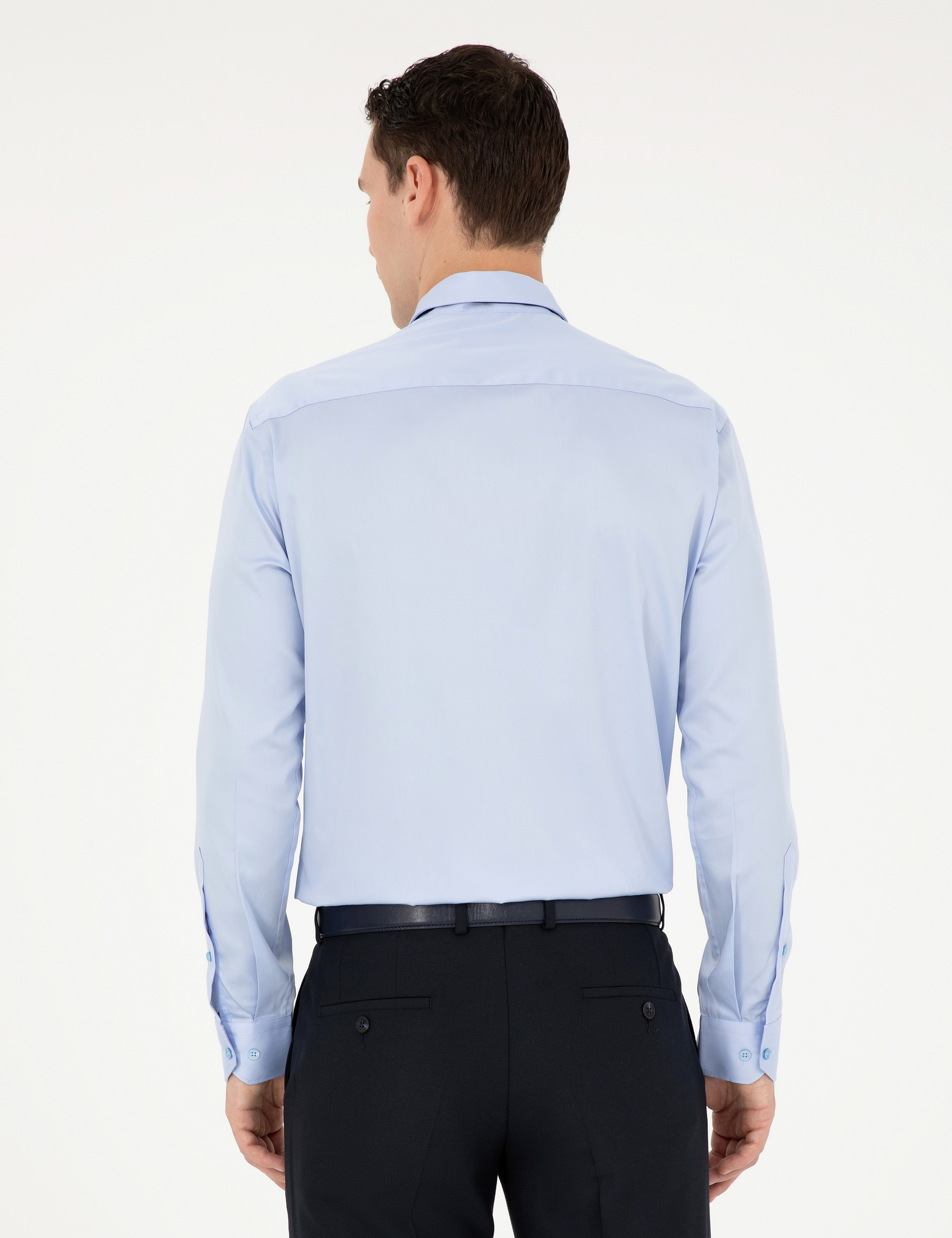 Koyu Mavi %100 Pamuk Parlak Saten Slim Fit Uzun Kollu Basic Gömlek