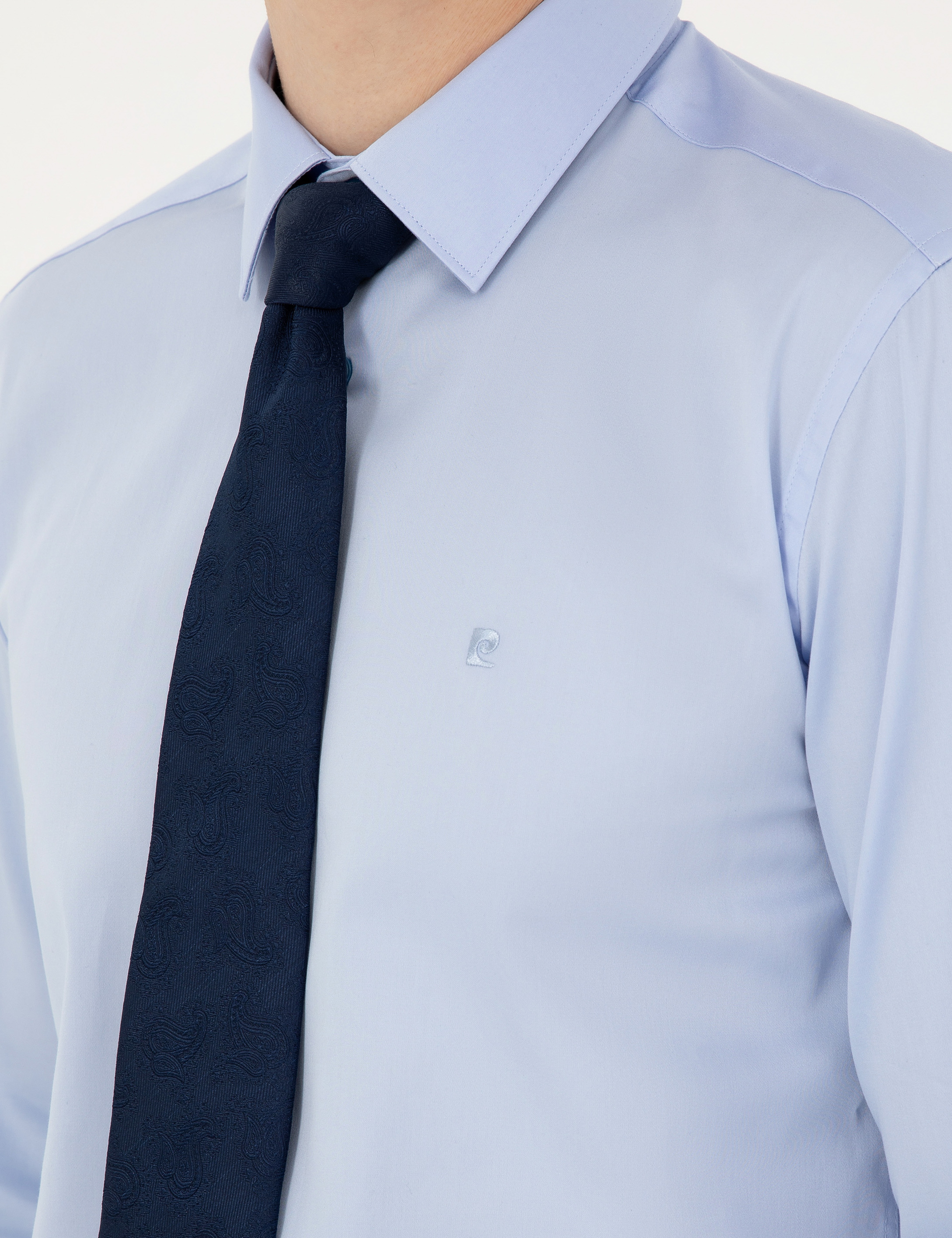Koyu Mavi %100 Pamuk Parlak Saten Slim Fit Uzun Kollu Basic Gömlek - Image 7