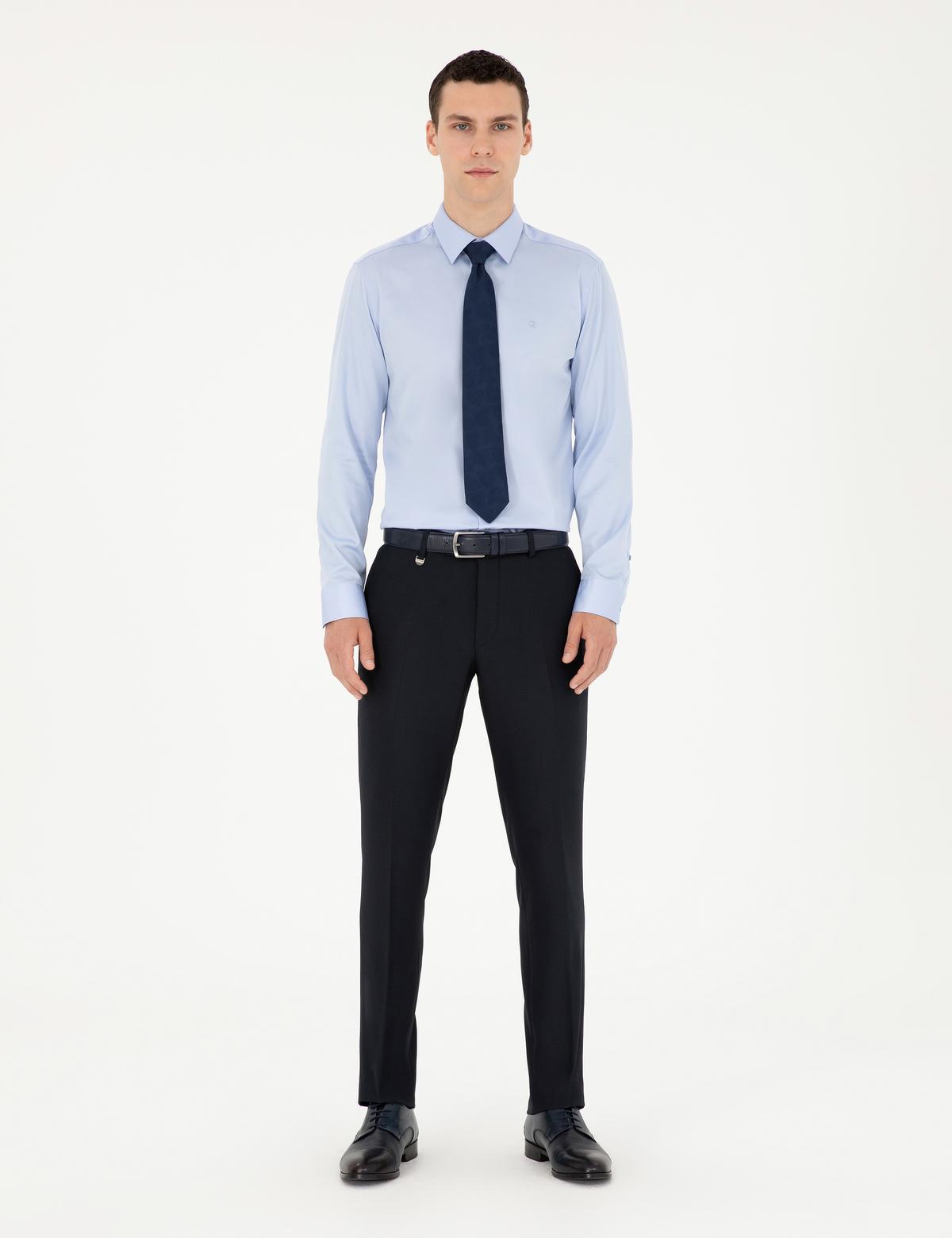 Koyu Mavi Parlak Saten Slim Fit Uzun Kollu Basic Gömlek - 50286102028