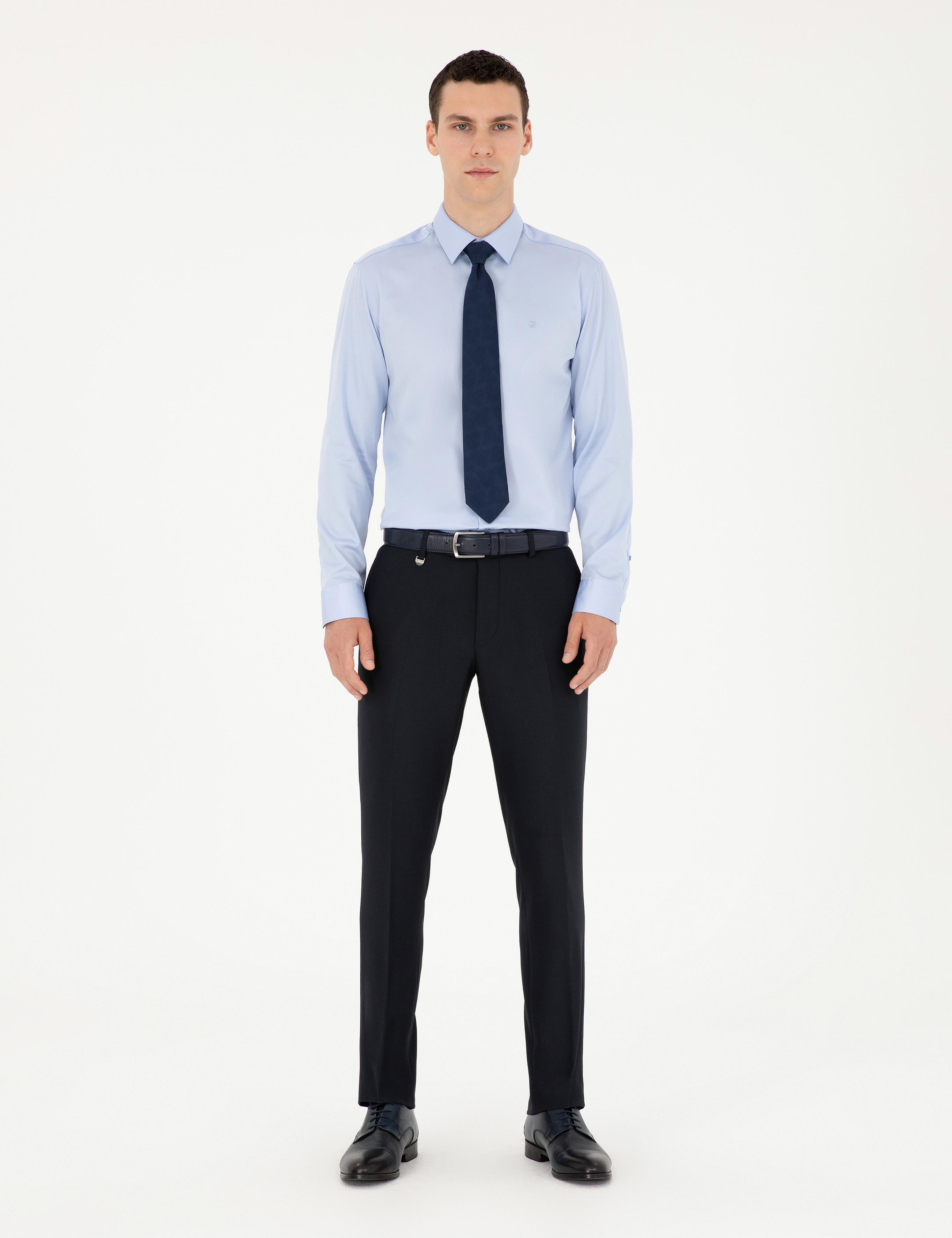 Koyu Mavi Parlak Saten Slim Fit Uzun Kollu Basic Gömlek